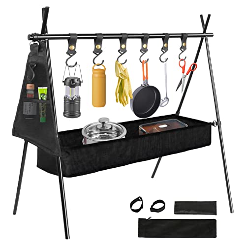 LAMPTOP ハンギングラック ランタンスタンド 6つレザーフック 食器収納袋＆物干しネット＆専用収納袋付き アルミ合金 軽量 コンパクト 日