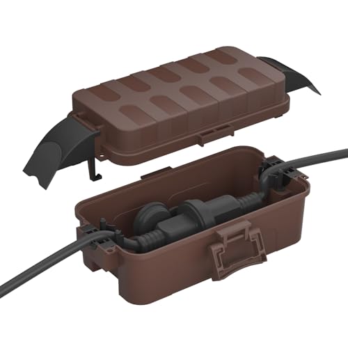 インダストリアルブラウン/-/-・PackageQuantity:1Color:ブラウン・パッケージ個数:1・IP55防水アップデート：この新しい屋外用電気ボックスは、取り外しな2つのカバーを備えており、2つのエントリーポートに取り付けることで、IP55等級の防水性能を強化することができます。水平に置いても、垂直に置いても、雨水による損傷から電気接続を保護します。・耐候電気ボックス：屋外のコード接続を安全に保護するように設計されています。ストレートプラグ、直角プラグ、変圧器、電源アダプターがぴったり収まる大きなスペースを提供します。内部寸法：15cm x 8.1cm x 4.5cm。・広互換と手間無し：延長コードカバーボックスには、ゴム製パッキンで裏打ちされた2つの入り口があり、内部を濡らさずにケーブルを通すことができます。Φ12mmまでのケーブルに適合します。ケーブルクランプが延長コードをしっかりと固定し、不用意の断線を防ぎます。また、凸型カバーは水が溜まるのを防ぎます。・より頑丈で安全：頑丈な強化PP素材で構成され、雨、雪、水、ほこり、汚れなどに耐