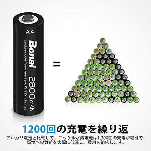 BONAI 単3形 充電池 充電式ニッケル水素電池 16個パック（2800mAh 約1200回使用）液漏れ防止設計 自然放電抑制 環境友好タイプ