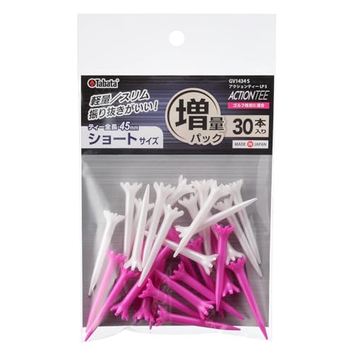 ディープピンク、ホワイト/5_増量パック_ショート(全長45)/GV1434 S A・Size:5_増量パック_ショート(全長45)・ロングセラー圧倒的なコスパの良さで人気のロングセラーTabata(タバタ)の「アクションティー」から増量パックが新登場！スリムなボディとしなる素材で振り抜きが良く、低抵抗だからティーショットが安定します。※ゴルフ規則適合・高耐久しなるから折れにくい耐久性の高さがロングセラーの秘密。ティーグラウンドに残りやすく、ティーを無くしにくいのが嬉しいポイント。・新色ディープピンク万が一ティーショットで飛んで行ってしまっても見つけやすい、芝に映えるホワイトとディープピンクの2色入り。ディープピンクは増量パックの新色です。・ショートホールにショートサイズでPar3のショートホールにぴったり。・サイズ全長45、30本入り（ディープピンク15本、パールホワイト15本）原産国日本材質PP圧倒的なコスパの良さで人気のロングセラーTabata(タバタ)の「アクションティー」から増量パックが新登場！ 芝に映えて見つけやすい新色”ディープピンク”と、人気のパールホワイトの2色を、お得な増量パックにしました。 スリムなボディとしなる素材で振り抜きが良く、低抵抗だからティーショットが安定、スコアアップに貢献します。 高耐久しなるから折れにくく、高耐久！ティーグラウンドに残りやすく、ティーを無くしにくいのが嬉しいポイント。 見つけやすいカラー万が一ティーショットで飛んで行ってしまっても見つけやすい、芝に映えるホワイトとディープピンクの2色入り。ディープピンクは増量パックの新色です。 グリーンの芝に対して目立つカラーを使用しているので、すぐに見つけられてプレーファーストにつながります。 ティーアップが安定する段付きタイプでいつでも同じ高さにティーアップ。同じ高さを保てるから、ティーショットが安定し、スコアアップに貢献します。 コスパ最強ご要望にお応えして、従来品(商品コード：1423)の1.8倍となる本数を入れ、増量パックにしました。1パックで長持ちします。 品番（サイズ） GV1434 S A（全長45） GV1434 35 A（全長72・ティーアップ35） GV1434 40 A（全長77・ティーアップ40） GV1434 45 A（全長82・ティーアップ45） 原産国日本 材質PP
