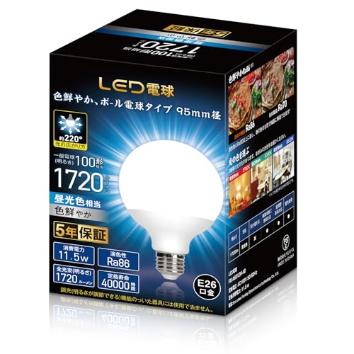 昼光色/-/FM-A6012W-AD・Color:昼光色・商品仕様?商品サイズ:高さ137mm 幅95mm G95?口金直径:26mm?定格消費電力:11.5W 定格電圧:AC100v(50/60Hz)・?全光束(明るさ):1720ルーメン 配光角:約220°(全方向タイプ) Ra:86+?材質：PC、アルミニウム・密閉型器具への取り付け対応 消費電力:11.5W 調光不可・省エネ・家のLED化にLEDボール球ならではの特長を活かして、従来の白熱電球から86%の消費電力をカットしています。長寿命を実現し、定格寿命40000時間、1日10時間使用しても約7年不要、電球を取り替えるのが大変なところにおすすめします。・PSE認証・5年 PSE認証済みです。ご購入日より60ヶ月のを提供いたします。商品に破損、使用中に不具合があった場合は、弊社にご連絡いただくと、迅速な対応をさせていただきます。