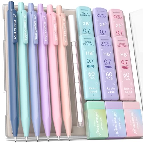 Rakuten - FourCandies 0.7mmシャープペンシルセット HB＆2Bシャー芯付き 6本かわいいシャープペンシル、360本シャー芯、3個パステル消