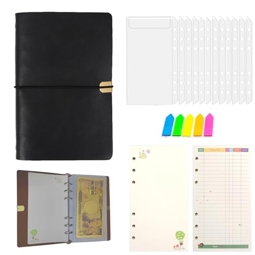 YIYIMUKI 家計管理 ポーチ お金管理 ファイル 家計簿 袋分け 家計簿ファイル PU A6 6穴 バインダー 透明 大容量手帳（ブラック