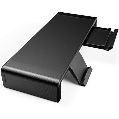 工匠藤井 モニター台 折りたたみ式 三段式幅調整 スマホとタブレットトレー キーボード収納 引き出し 8CM高度 耐荷重25kg モニタースタン