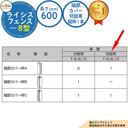 【部品】フェンス 目隠し 囲い ライシスフェンス 8型 H600タイプ（T-6サイズ） 専用オプション端部カバーのみ 切詰用（縦枠1本） LIXIL リクシル 自在柱 ラティスフェンス ルーバーフェンス 目隠しフェンス 屋外 アルミ