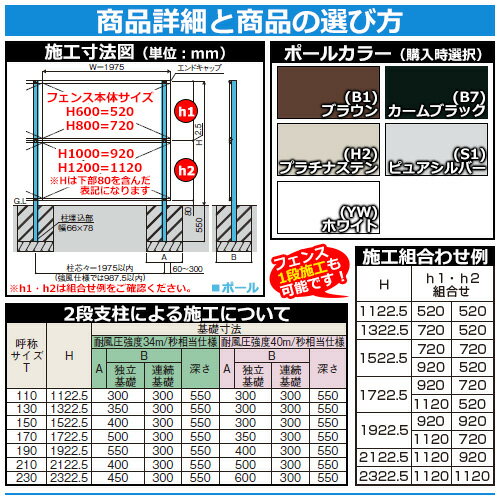 【楽天市場】フェンス 目隠し 囲い YKKap 多段支柱 2段支柱 自立建て用 H1122.5 呼称：T110 ポールのみ 自由柱施工 多段柱 自立建用2段支柱 HFE-PD2 送料別：サン