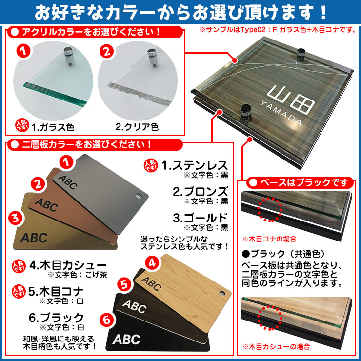 【ポイント5倍】ネームプレート 二層板表札 クリスタル Type07：2点ビス仕様【サイズ：110×110mm】 イメージ画像：Bデザイン（1ステンレス） YKKap ルシアスポストユニット 三協アルミ ステイム 機能門柱 機能ポールにも取り付け可能 貼り付けタイプ 表札 3