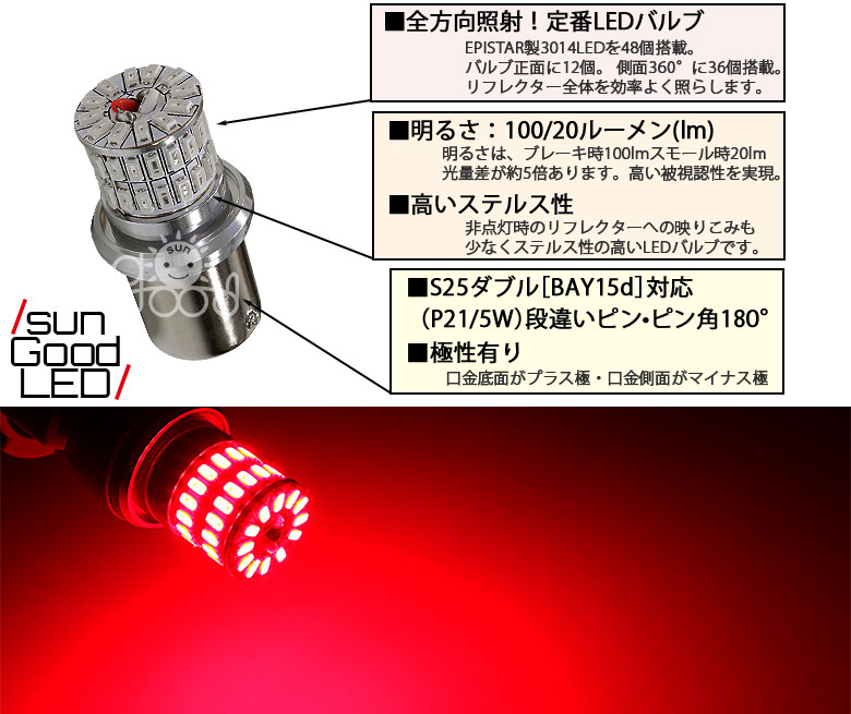 ニッサン NV200バネット [VM20]対応テール&ストップ用LEDバルブ S25d[BAY15d] 全方向型48連ダブル口金球 レッド 2個