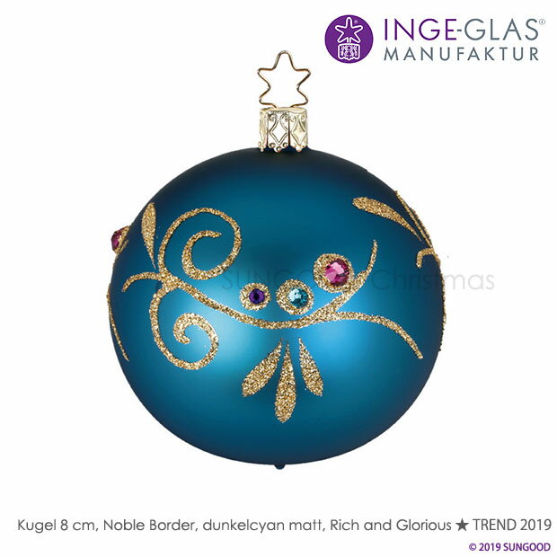 INGE-GLAS オーナメント Kugel Noble Border dunkelcyan matt  原産国ドイツ ハンドメイド MANUFAKTUR インゲグラス クリスマス ヨーロッパ 北欧 サングッド 21035T008