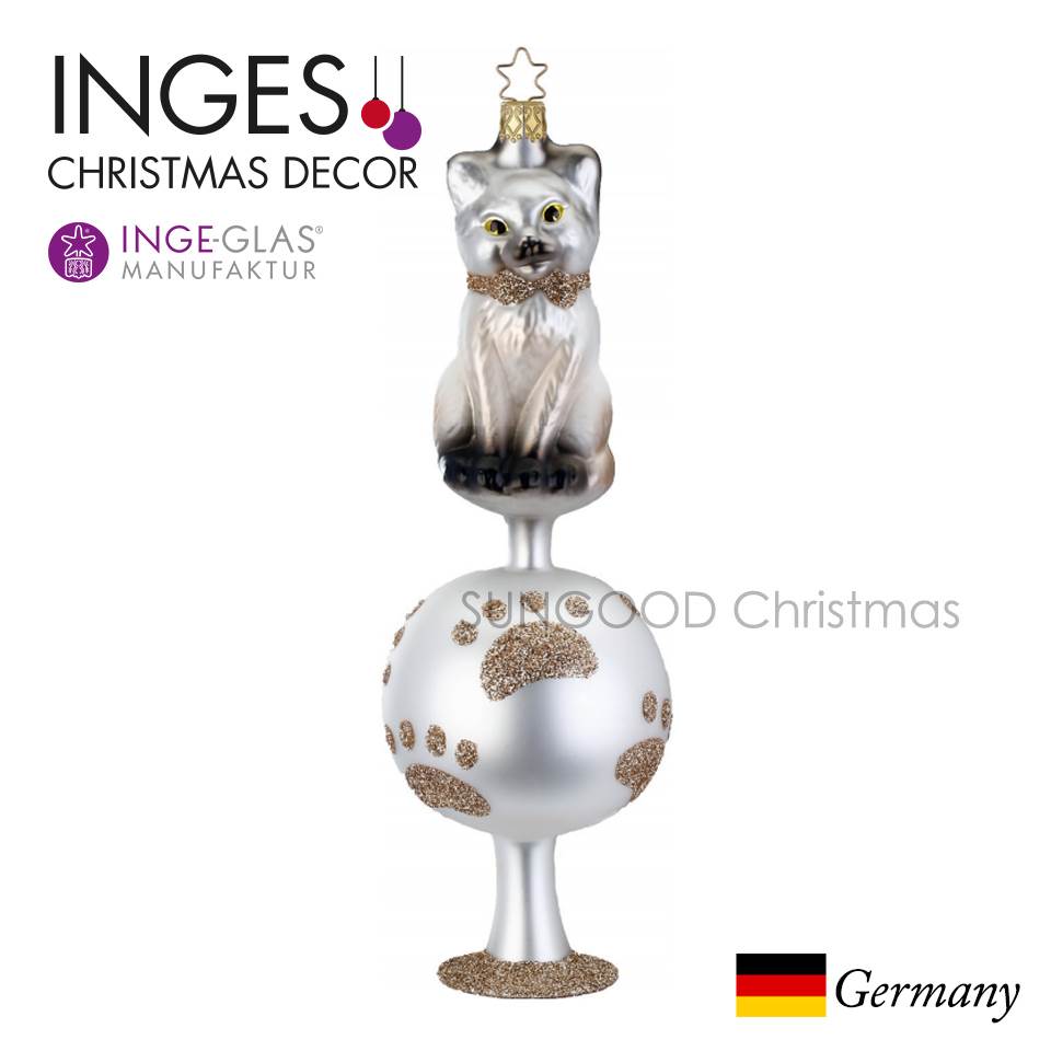 INGE-GLAS クリスマスツリー オーナメント ネコ ホワイト ブラウン ガラス 原産国ドイツ ハンドメイド ..