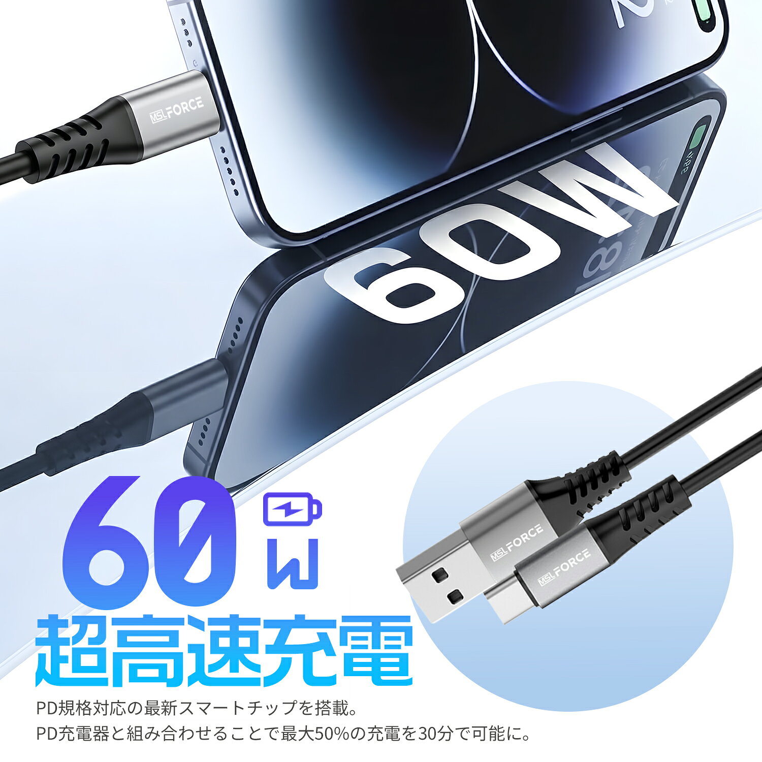 【2本目半額/3本目タダ】USB-A/USB-C 充電ケーブル 60W/100W 急速充電 PD充電 480Mbps iPhone Type-C PD急速充電 柔らかい 0.5m 1m 2m 耐久性 耐火性 絡まない シリコン Apple タイプc (2)