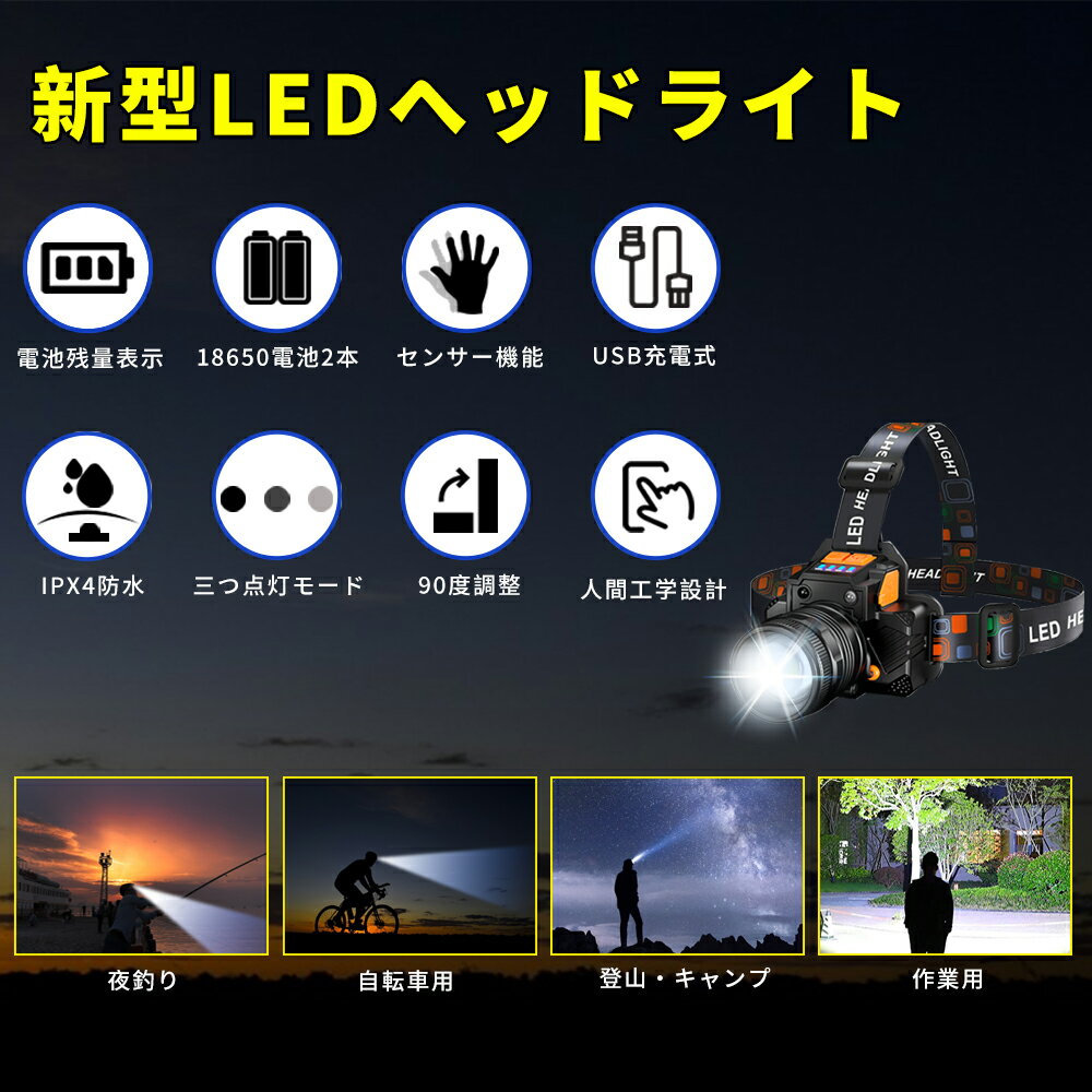 【LEDヘッドライト】LED ヘッドライト 充電式 ライト センサー点灯 残量表示 ヘッドランプ 軽量 高輝度 USB 防災 防水 キャンプ 野外 夜釣り 停電対策 headlight 登山 室内作業 フラッシュ 登山 サイクリング 自転車 防災 災害 読書 夜の警備& アウトドア通販格安セール情報 楽天 通販