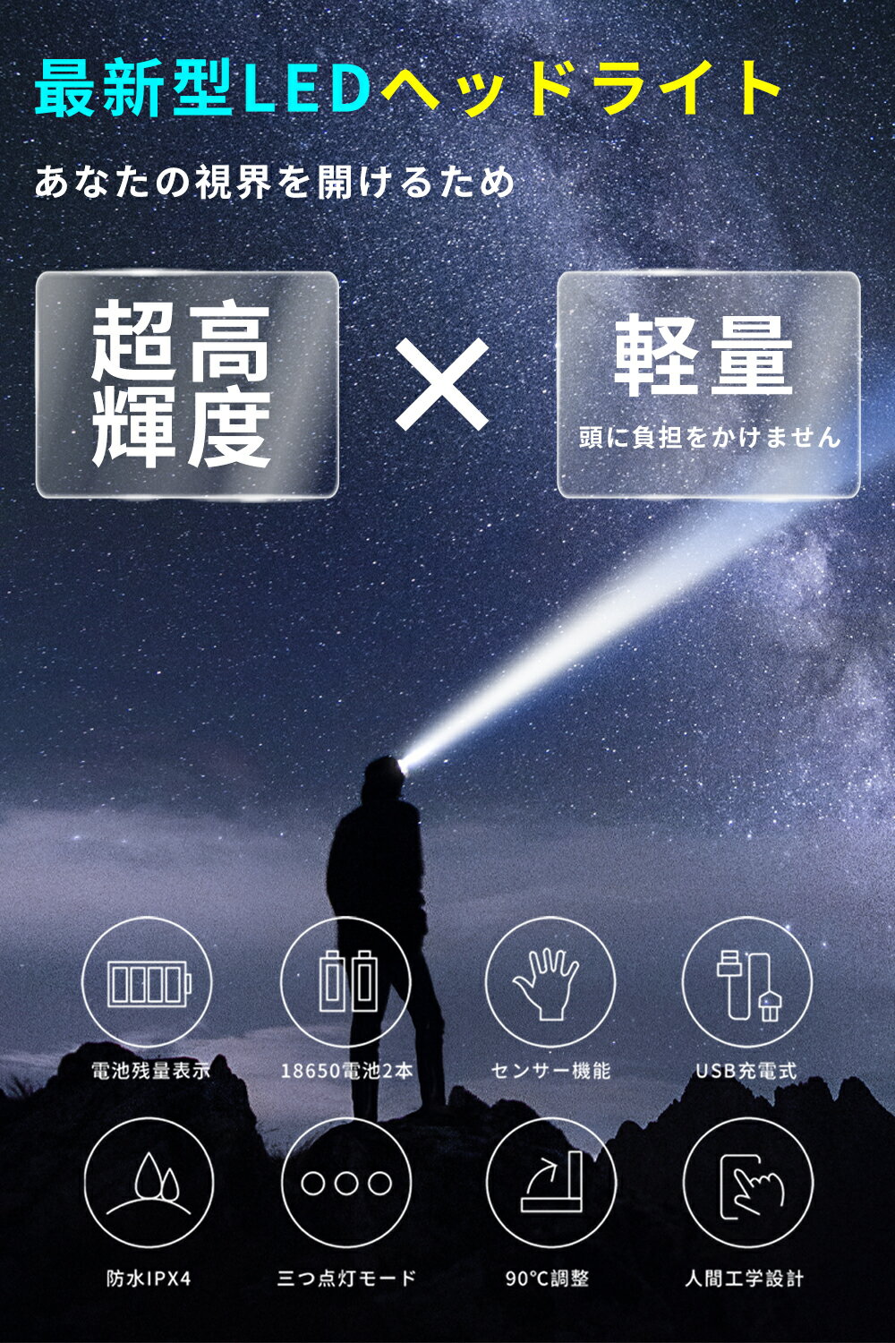【LEDヘッドライト】LEDヘッドライト充電式ライトセンサー点灯残量表示ヘッドランプ軽量高輝度USB防災防水キャンプ野外夜釣り停電対策amp;#160;headlight登山室内作業フラッシュ登山サイクリング自転車防災災害読書夜の警備amp;#160;アウトドア