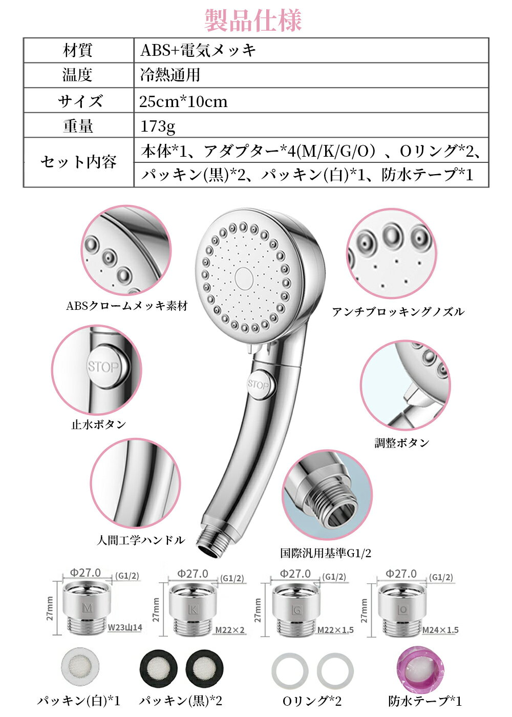 シャワーヘッド高水圧節水3段階モード調節手元止水ミストマイクロナノバブル増圧肌ケア手元止水高洗浄力毛穴汚れ除去美髪美肌美顔美容極細水流取付簡単国際汎用基準G1/2アダプター付き送料無料