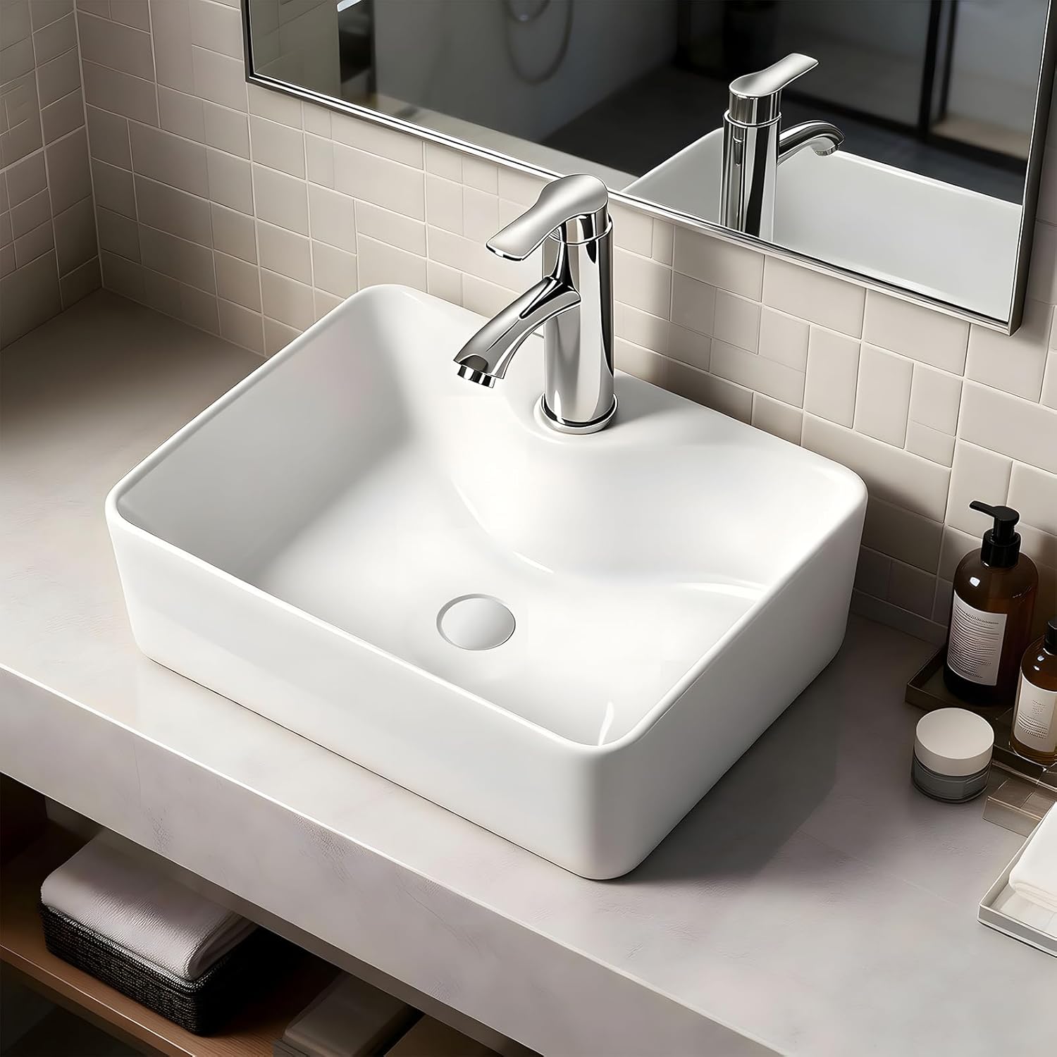 Rakuten - 【新店OPEN P5倍】★送料無料★洗面ボウル 手洗い器 洗面台 手洗器セット 手洗い場 置き型 長角型 深型 陶器 洗面ボールセット おしゃれ コンパクト 冷温水対応 省スペース 排水管付き 60.5x42x13cm