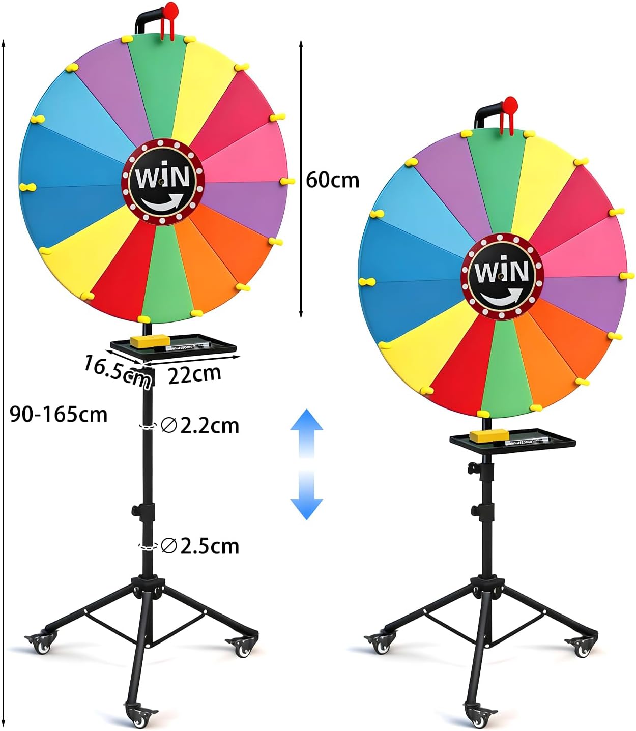 SunlitCorner 楽天市場店の★送料無料★ ルーレット 三脚 90-165cm高さ調整 直径60cm 回転式 ルーレット式おみくじ器 14色パネル 3輪キャスター付き ブレーキ機能 盤面書き換え イベント 忘年会 お祭り パーティー 店舗 販促 組み立て式｜アングル2