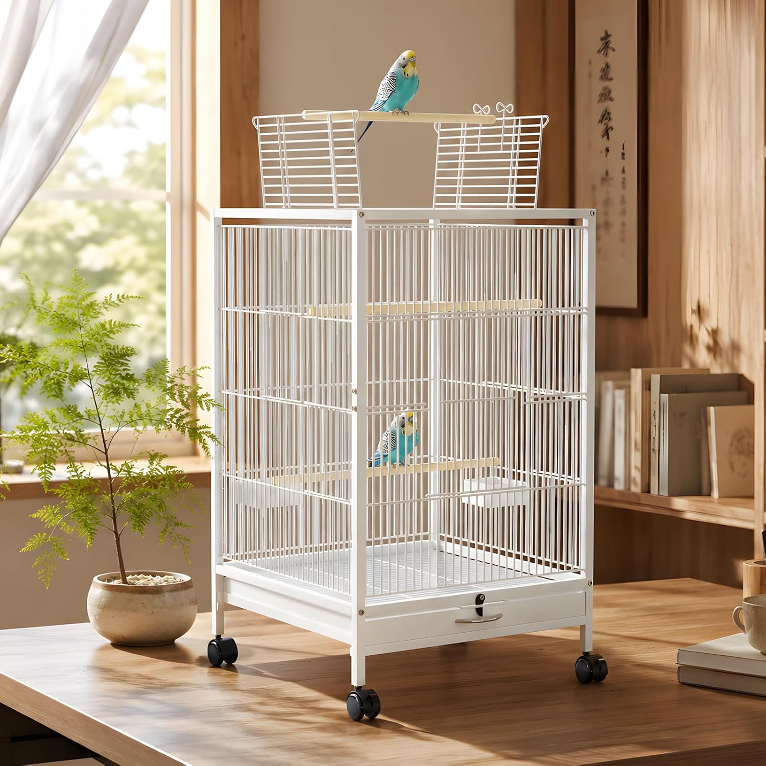商品詳細 商品名 鳥かご 鳥ケージ 46×46×94cm 大型 インコ ケージ 鳥籠 複数飼い キャスター付き 移動便利 天井扉 耐久性 お手入れ簡単 文鳥 オカメ セキセイ ボタン ホワイト サイズ 48x8x75cm カラー ホワイト 材質 ・ 商品概要 【愛鳥と触れ合う天井扉デザイン】ケージの天井部分は大きく開く天窓扉を採用しており、手乗りインコとのふれあいやおもちゃの出し入れがスムーズに行えます。いつでも好きな時間に、愛鳥との大切なふれあいを楽しめる設計です。【脱走防止のスライド式大扉】正面には軽く持ち上げるだけで開閉できるスライド式ドアを採用。鳥が内側から開けにくい構造のため、不意な脱走を効果的に防止します。【お掃除簡単・引き出し式トレイ】底部にはスムーズに引き出せるトレイを装備しており、毎日の糞やエサ殻の片付けが非常に簡単です。トレイは丸洗いが可能で、ケージ内を常に清潔で衛生的な状態に保てます。【360度回転・静音キャスター付き】足元には4つの自在キャスターが付いており、室内での移動も楽々です。静音・耐摩耗設計で床を傷つけにくく、ストッパー機能付きで場所を固定する際もしっかりと安定します。【広々とした空間と頑丈な金属製】高品質な金属素材を使用し、耐久性に優れています。46×46×94cmのゆったりとしたサイズ感で、セキセイインコからオカメインコ、金太陽インコ、和尚インコまで、中大型の鳥がストレスなく羽を広げられる空間を提供します。 商品情報 ■ 商品仕様 &nbsp; サイズ: 46cm × 46cm × 94cm 材質: スチール カラー: ホワイト 適合対象: セキセイインコ、オカメインコ、ボタンインコ、金太陽インコ、吸蜜インコ等の中大型鳥類 セット内容: 鳥かご本体、木製止まり木×3、水入れ、食入れ、引き出しトレイ、キャスター×4 ■ よくある質問 (FAQ) Q: 組み立ては難しいですか？ A: シンプルな構造で、初心者の方でも図解に従ってスムーズに組み立てが可能です。必要なアクセサリーはすべてセットに含まれています。 &nbsp; Q: 大型鳥でも壊れませんか？ A: 本品は金属製の頑丈なフレームを採用しており、中大型鳥類の力でも変形しにくい設計です。 【注意事項】： ・当店の商品は全て国内から配送されます。 ・国内配送の商品は国内でのお買い物と同じく消費税が発生いたします。関税はかかりません。 ＊色がある場合、モニターの発色の具合によって実際のものと色が異なる場合がある。 メーカー希望小売価格はメーカーカタログに基づいて掲載しています