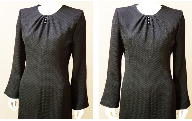 日本製 高級ふくれ生地ジャガード胸元ドレープのフレアー ロングワンピース（フォーマル 黒）ロング丈 トールサイズ対応 女性 礼服 結婚式 パーティー ドレス