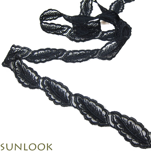 Rakuten - 10cm単位販売 リーフ柄チュールレース 葉っぱ モチーフ（巾約2.8cm 黒/ブラック）