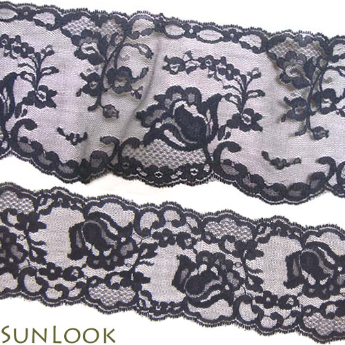 Rakuten - 10cm単位販売 幅広 チューリップ柄のラッセルレース（巾約6cm/巾約9.5cm 黒/ブラック）