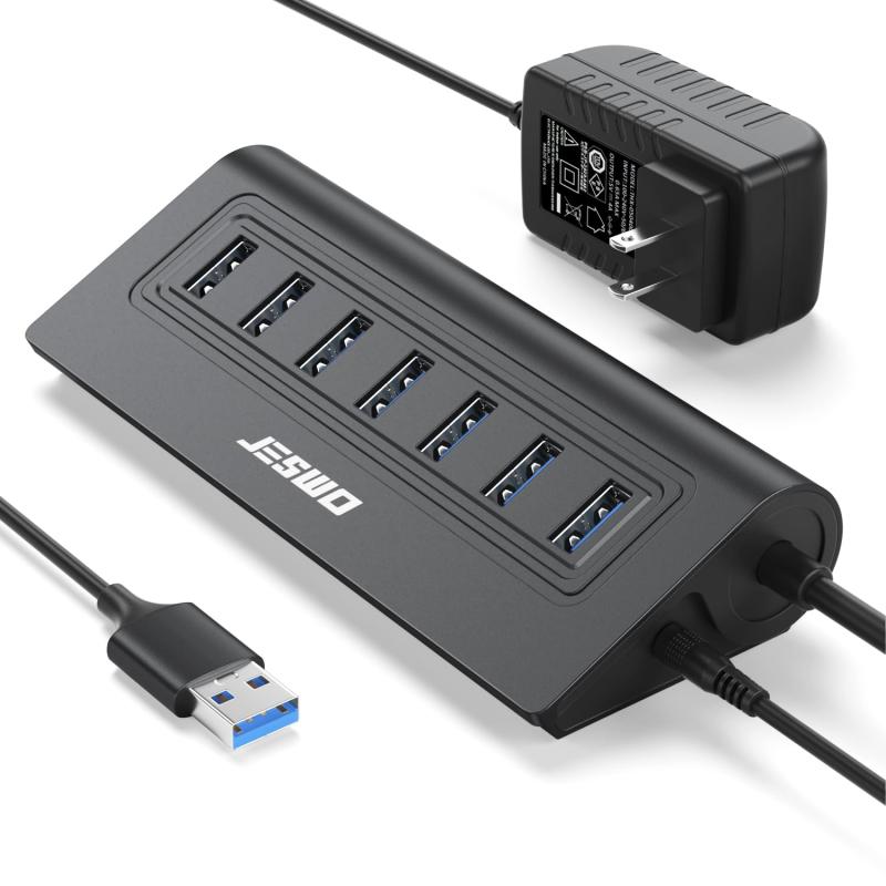 JESWO USBハブ 電源付き USB3.0ハブ 7ポート 5Gbps高速伝送 アルミニウム合金 セルフパワー/バスパワー 5V/4A ACアダプタ付き 100cm USBケーブル ブラック
