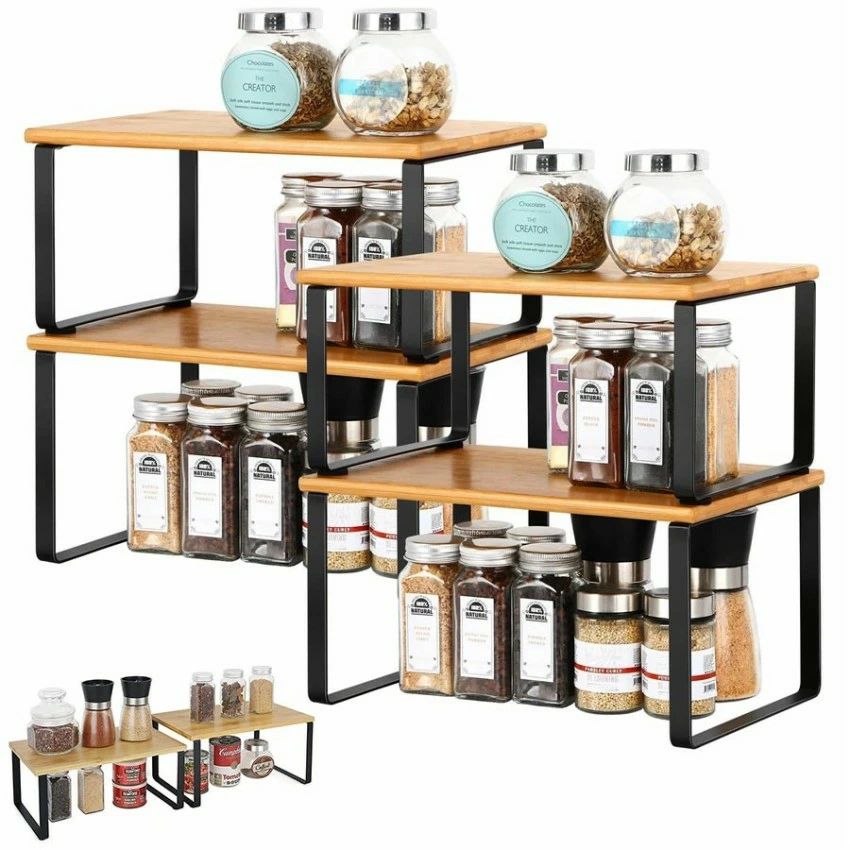【 2個セット】キッチン調味料収納ラック 竹製スパイス収納ラック カウンターオーガナイザー 拡張可能..