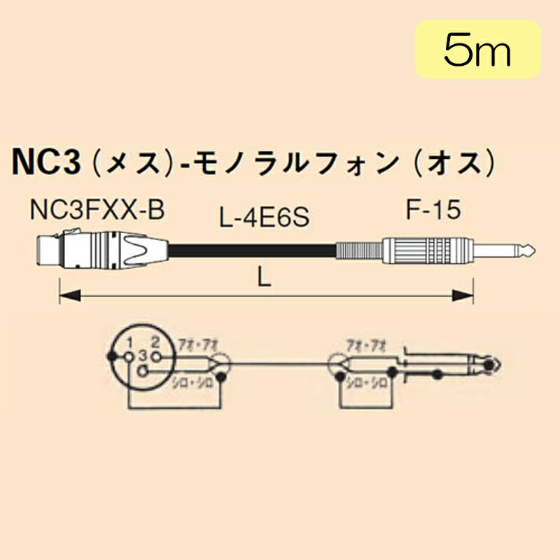 CANARE PC05D-B(XX)　ラインケーブル 5m 仕様概要 XLRメス(NEUTRIK NC3FXX-B) - フォーンプラグ(CANARE F-15) ライン、マイクケーブル5m(黒) 仕様詳細、対応動作条件はメーカーサイトの情報をご確認の上お買い求めください　