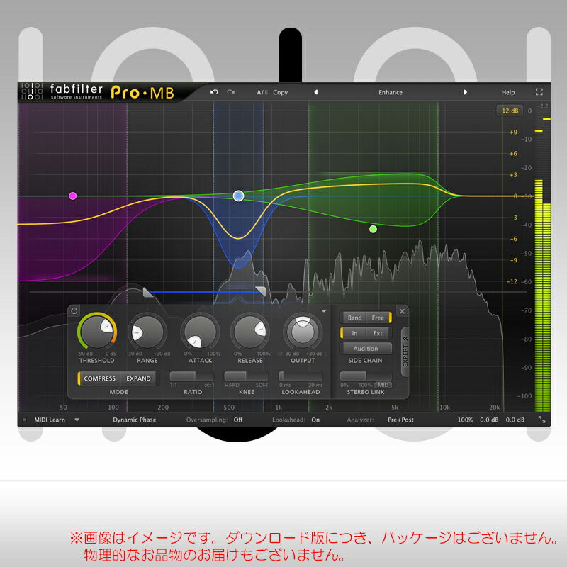 FABFILTER PRO-MBプロ御用達の高品位ツール「fabfilter」の高品位マルチバンド・コンプレッサー。革新的なクロスオーバーシステムを採用従来のクロスオーバー・システムではなく、Pro-MBでは新たな帯域、周波数範囲を作ることができます。Think bands、 not crossovers! インタラクティブなマルチバンド・ディスプレイはクリアなスペクトラムを表示。また、必要に応じて従来のクロスオーバー・システムを再現することも可能。ニアゼロ・レイテンシーのマルチバンドコンプPro-MB は独自のDynamic Phaseプロセッシングを搭載。基本的なマルチバンド処理を仮想的に行いますが、レイテンシーとは無縁で、優秀なLinear PhaseモードオーソドックスなMinimum Phaseモードを搭載。 高品質な処理、マルチバンド・ディスプレイによるインタラクティブなワークフローを提供。FabFilter goodiesFabFiler定番の機能：精密なノブ、MIDIラーン機能、作業のアンドゥ/リドゥ、A/Bスイッチ、スムースなパラメーター変更、サンプルの正確なオートメーション、その他多くの革新的な機能を搭載。・最大6バンド処理、自由自在にスペクトラムを配置・独自のDynamic Phaseプロセッシングモードはゼロレイテンシーを実現・優秀なLinear Phaseプロセッシングモードは、 クロスオーバー周波数をすぐに変更でき余計な成分を除去・Minimum Phase プロセッシングモード・様々なダイナミクス処理：わかりやすいコンプレッション、パンチの効いたゲート制御、リミッティングとエキスパンディング・帯域ごとのカスタマイズ：スレッショルド、レンジ、アタック、リリーズ、出力ゲイン、カーブ、ルックアヘッド（最大20m sec)、ステレオリンク、ミドル/再度のみの処理、サイドチェイン入力、周波数範囲のトリガー・6 dB/oct から48 dB/octの間でクロスオーバー・カーブを調整・インテリジェントかつ周波数に左右されるアタック・カーブとリリース・カーブ・0%から200%のドライ/ウェット・インタラクティブなマルチバンド・ディスプレイ・正確かつスムースなリアルタイムな周波数解析・高品質なオーディオ処理(64bit)・最大で4倍のリニアフェイズ・オーバーサンプリング・ソロ/ミュート、バイパス機能・視認性の高いレベルメーター・GPU動作のグラフィックス・ダブルクリックでパラメーターを数値入力可能・ステレオとモノラルのプラグインを用意・ProTool対応のコントロール・サーフェイスに対応・MIDIラーン機能・アンドゥ/リドゥ、A/B比較・柔軟なパラメーター変更・全てパラメーターを正確にオートメーションすることが可能・VST、VST3、Audio Units、AAX Native / AudioSuite、RTAS(32bitのみ)フォーマットに対応 fabfilterとは？現役最前線で活躍するエンジニアの方々も愛用する、プロの間での密かな定番Fabfilterプラグイン。たっぷりの時間でじっくりと作ることができるアマチュアよりも、常に時間に追われながら高品位な結果を残さなければならないプロフェッショナルエンジニアたちは、常に扱いやすく、それでいて高品位な結果が得られるツールを求めています。WAVES、McDSP、SONNOX、iZotopeが今や「定番」となりえたのも、こうした確固たる能力を持っていたからに他なりません。そんな中、昨今広く愛用されているのが、このFabfilterです。美しく整理され視覚的に優れたグラフィック、それでいて必要不可欠な仕様、効果がわかりやすく扱いやすい操作性、そして何よりもミックス/マスタリング用途に耐えうる高度な音質。つい先日まで日本代理店が存在しておらず、たまに雑誌で触れられる程度の紹介しかされてこなかったFabfilterですが、その品質と能力は、すでに腕ききのプロフェッショナル達からのお墨付きです。関連タグ：WAVES SONNOX IZOTOPE ウェイブス ソノックス アイソトープ仕様詳細・対応動作要件は、本製品メーカーサイト情報をご参照の上、お買い求めください。