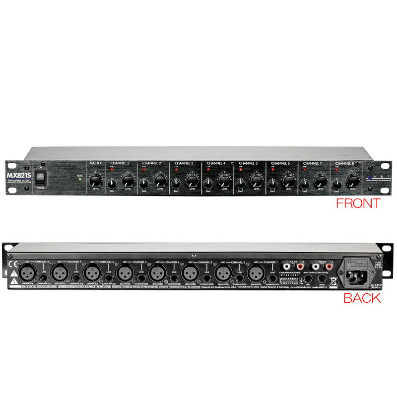 ART MX821S8チャンネルのマイク/ライン入力を1Uサイズで2mixできるミキサー。本機は8チャンネルのマイク／ラインミキサーです。ステレオ出力で、8つの入力を1系統のラインレベルのステレオ信号として出力します。それぞれのチャンネルには、バランスXLRマイク信号 or アンバランス1/4’ TSライン信号を入力でき、それぞれのチャンネル毎にレベルとパンを設定できます。 更にそれぞれのマイク入力で＋48Vファントム電源のオン／オフを設定できます。マスター・レベルは、ローインピーダンス・バランス1/4’ TRS端子からの出力信号を調整します。マスター・レベル・コントロールの影響を受けないプリフェイド出力と、AUXバスRCA入力端子があるので、本機を複数台組み合わせれば、更に多くのチャンネルが必要な場合に便利です。 本機は、ステージ上、スタジオ、集会所、会議室、教会、レストラン、小さなクラブ、ジムを始め、様々な場所でお使い頂けます。電源内蔵で19インチ1Uラックサイズなので、設置も簡単で、長きに亘りご使用頂けます。・CH入力で、それぞれのチャンネルにレベルとパンを設定可能・それぞれのチャンネルに、バランスXLRマイク信号 or アンバランス1/4’ TSライン信号の入力端子を装備・それぞれのマイク入力で低ノイズな＋48Vファントム電源のオン／オフを設定可能・左右のバランス1/4’ TRSメインアウト端子はマスター・レベル・コントロールで設定可能・プリフェイドRCA出力とAUXバスRCA入力端子により、複数台組み合わせて入力チャンネルの増設が可能・それぞれのライン入力端子は、内部接続によりそれぞれダイレクトライン出力に変更可能・電源内蔵で19インチ1Uラックサイズ・ステージやスタジオでの設置が簡単関連タグ：エーアールティー ライブ ラインミキサー仕様詳細・対応動作要件は、本製品メーカーサイト情報をご参照の上、お買い求めください。