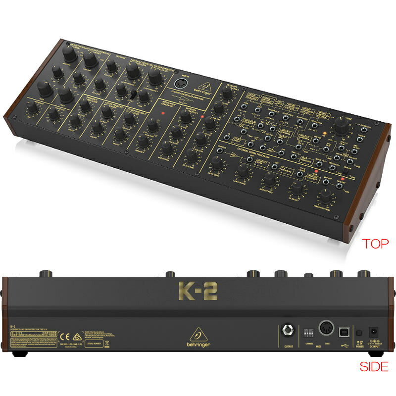 behringer K-2製品特徴デュアルVCO、リングモジュレーター、外部シグナルプロセッサー、16ボイスポリチェーン、ユーロラック形式に対応したアナログ セミ・モジュラーシンセサイザー・オーセンティックなVCO、VCF、VCAによる純粋なアナログ信号回路・デフォルトのルーティングを備えたセミ・モジュラー構造により、パッチング不要で即座に演奏可能・第1および第2世代のフィルター設計(ピーク/共振を伴うハイパス/ローパス)・究極のサウンドのための可変パルス幅とリングモジュレーターを備えた4つの可変オシレーターを装備・完全アナログの専用三角波/矩形波LFO・VCFおよびVCAの変調用の2つのアナログエンベロープジェネレーター・16ボイスポリチェーンにより、複数のシンセサイザーを組み合わせて最大同時発音数16を実現・Eurorack対応。メインモジュールを標準Eurorackケースに装着可能・36個の操作子により、すべての重要なパラメーターに直接リアルタイムでアクセス可能・外部音源を処理するための外部オーディオ入力・MIDIチャンネルと音声優先の選択が可能なUSB / MIDIを実装・3年間のメーカー保証プログラム対象・英国で設計および開発されています仕様概要同時発音数:1(モノフォニック)MIDI:MIDI In / MIDI Thru、5ピンDINUSB:(MIDI)USB 2.0、タイプBOUTPUT:1/4 ’TS、アンバランス、最大0 dBu信号出力:3.5mm TS、アンバランス、最大 0 dBuヘッドフォン:3.5 mm TRS、最大 +6 dBuサポートオペレーティングシステム:Windows 7以降、Mac OS X 10.6.8以降外部電源アダプター:(付属アダプター)12 VDC最大消費電力:12 Wサイズ:高さ95×幅424×奥行136(mm)重量:約1.8 kg関連タグ：BEHRINGER K-2 ベリンガー KORG MS20 MS-20 コルグ仕様詳細・対応動作要件は、本製品メーカーサイト情報をご参照の上、お買い求めください。