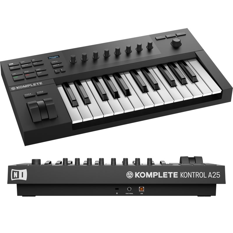 NATIVE INSTRUMENTS KOMPLETE KONTROL A25製品特徴※本製品はコントロール用の鍵盤です。単体では音はでません。単体での使用は出来ません。●バーチャルインストゥルメント＆エフェクトに対応したスマートでシンプルなキーボードコントローラー●クラス最上級のNI独自開発のセミウェイテッド・カスタムキーボード●視認性の高い有機ELディスプレイで、ナビゲーションも容易●8つのタッチセンサー式コントロールノブ●人間工学に基づいたピッチベンド/モジュレーションホイール●サウンドのブラウズやプロジェクトのナビゲートを片手で行える4方向プッシュ式エンコーダー●タグベースのプリセットブラウズや各サウンドの試聴が可能なKOMPLETE KONTROLソフトウェアが付属●Smart Playにより、一つのキーでコードやアルペジオの演奏、各スケールを白鍵のみに配置などが可能●あらかじめマッピングされたKOMPLETE インストゥルメント＆エフェクトや、他社製Native Kontrol Standard(NKS)対応プラグインをKOMPLETE KONTROLソフトウェアでコントロール●VSTiとVST FX に完全対応●MASCHINEソフトウェアとのスムーズな連携●Logic Pro×、Ableton Live 、GarageBand を直感的にコントロール(Cubase、Nuendo との連携は初期リリース後に実装予定)●サスティン及びエクスプレッションのアサインが可能なTRSぺダル入力端子●USB 2.0バスパワーで動作●MIDIコントローラーとしての使用、アサインが可能●KOMPLETEインストゥルメント＆エフェクトの幅広いコレクション、KOMPLETE KONTROLソフトウェア、MASCHINE ESSENTIALS(MASCHINEソフトウェアのフルバージョンと1.6 GBのMASCHINE Factory Selection)が付属鍵盤:25鍵サイズ:幅488×奥行257×高さ89(mm)重量:2.4kg付属ソフトウェア　KOMPLETE KONTROLソフトウェア、KOMPLETEインストゥルメント＆エフェクトのコレクション、MASCHINE Essentialsは、ハードウェア登録後に無償でダウンロード可能となります。また以下の製品が含まれます。・THE GENTLEMAN - 往年のアップライトピアノ・MONARK - 伝説のモノフォニックシンセサイザー・SCARBEE MARK 1 - エレクトリックピアノ・REAKTOR PRISM - 物理モデリングシンセサイザー・KOMPLETE KONTROLソフトウェア・MASCHINE ESSENTIALS・E-VOUCHER - KOMPLETEのインストゥルメントやエフェクト、拡張音源Expansionsの購入で使用できるバウチャー・ABLETON LIVE LITE関連タグ：ネイティブインストゥルメンツ NI コンプリートコントロール A49 A61 MIDIキーボード仕様詳細・対応動作要件は、本製品メーカーサイト情報をご参照の上、お買い求めください。