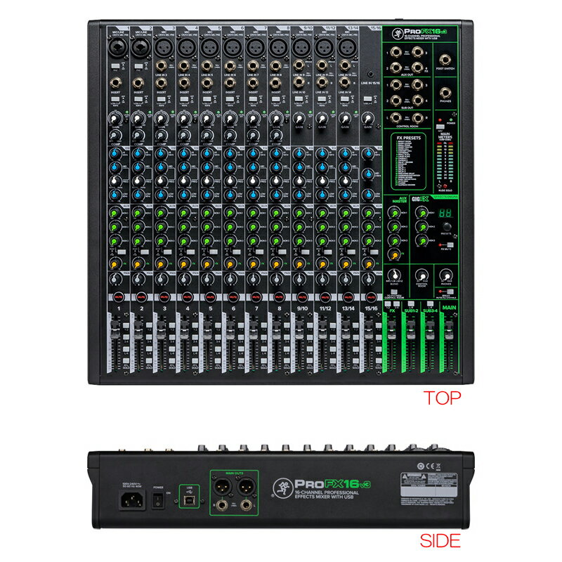 MACKIE 製品へのAVID Pro Tools | First 及びMackie Musician Collectionのバンドルは2021年12月をもって終了しました。MACKIE PROFX16V3製品特徴・16chエフェクト/USB内蔵 プロフェッショナルミキサー・上位機種で採用しているOnyxプリアンプを11基搭載・ch1〜14にMIDパラメトリックEQ(FREQ)を装備した3バンドEQ(ch15/16はスタンダード3バンドEQ)・モノラルマイク入力もしくはステレオライン入力いずれかが可能なハイブリッドチャンネル:ch9〜14・ギターやベース、その他の楽器をダイレクトに接続可能なHi-Zスイッチ・すべてのマイク入力chには100Hzローカットフィルターと48Vファンタム電源(一括供給)を実装・ステレオミニプラグ/USB3-4入力チャンネル:ch15/ch16・独立した出力コントロールとチャンネルごとに調整可能な3Aux/Monitorアウト・チャンネルごとにアサインが可能な2系統のステレオサブグループアウト・独立したレベルおよびブレンドコントロールを装備したヘッドホン出力・独立したレベルコントロールが可能なコントロールルームアウト・チャンネルインサート: ch1〜8・すべてのチャンネルにプリフェーダーソロボタン・FX MUTE用フットスイッチ接続端子・瞬時に入力チャンネルレベルの最大のヘッドルームを確保することができるシングルノブコンプレッサーMackie ProFXv3シリーズ特徴●Onyx プリアンプ・プロフェッショナルレコーディングスタジオクォリティサウンドを実現する最大60dBハイヘッドルーム超低ノイズ設計のOnyxマイクプリアンプを採用、クリアで歪のない原音に忠実なサウンドを再生します●GigEX エフェクトエンジン・様々なサウンドメイキングをすることのできる高解像度GigFXエフェクトエンジンを搭載。 24種類の高品位サウンドエフェクトを採用しドラマチックなミキシングに仕上げることも可能です●24-BIT/192KHZ 2×4 USB レコーディングインターフェース(※ProFXv3→PC:ステレオx1、PC Pro→FXv3:ステレオx2） ・高品位レコーディングを実現、ワイドレンジOnyxプリアンプと24Bit/192kHzクォリティのクリアで明瞭度の高いレコーディングとプレイバックが可能です・DAWで制作した2つのカスタムミックスをPCから送ることができ、フルミックスと再生中の特定のトラックをモニタリング可能・ライブレコーディング、音楽再生、ライブストリーミングなどに最適●レイテンシーフリーモニタリング・DAWからの出力とミキサーに接続した音源をブレンドしモニタリングが可能なBLENDシングルノブ●Waveform OEM 同梱・Equaliser、 Compressor、 Reverber8、 Limiter含む16種類のWaveform OEM用プラグインThe DAW Essentials ライセンス同梱●Mackie伝統の頑丈な設計・過酷な環境にも耐えうる“戦車級に頑丈な'デザイン・大切な機材を保護するソリッドスチールシャーシ・強度をさらに増すABS樹脂製サイドパネル仕様概要ONYXマイクプリアンプ：11入力：CH1-2:MIC1-2(COMBO)CH3-8:MIC3-8(XLR)、LINE IN3-8(TRS)CH9-10:MIC(XLR)、LINE IN L/R(TRS)CH11-12:MIC(XLR)、LINE IN L/R(TRS)CH13-14:MIC(XLR)、LINE IN L/R(TRS)CH15-16:LINE IN L/R(3.5mmステレオミニ)FOOT SWITCH:(TRS)出力：AUX OUT：1/2/3(TRS)FX SEND：(TRS)MAIN OUT: L/R(XLR)、L/R(TRS)SUB OUT：1/2/3/4(TRS)CONTROL ROOM:L/R(TRS)PHONES:(TRS)チャンネルインサート：CH1-8(TRS)フォーマット:USB 2.0I/O:ProFXv3→PC: ステレオ x1PC Pro→FXv3: ステレオ x2 A/D/A:24 Bit、 44.1 kHz、 48 kHz、 96kHz、 192 kHzサイズ:幅450×高さ109×奥行434(mm)重量:6.9kg(電源含む)関連タグ：マッキー オニキス ミキサー仕様詳細・対応動作要件は、本製品メーカーサイト情報をご参照の上、お買い求めください。