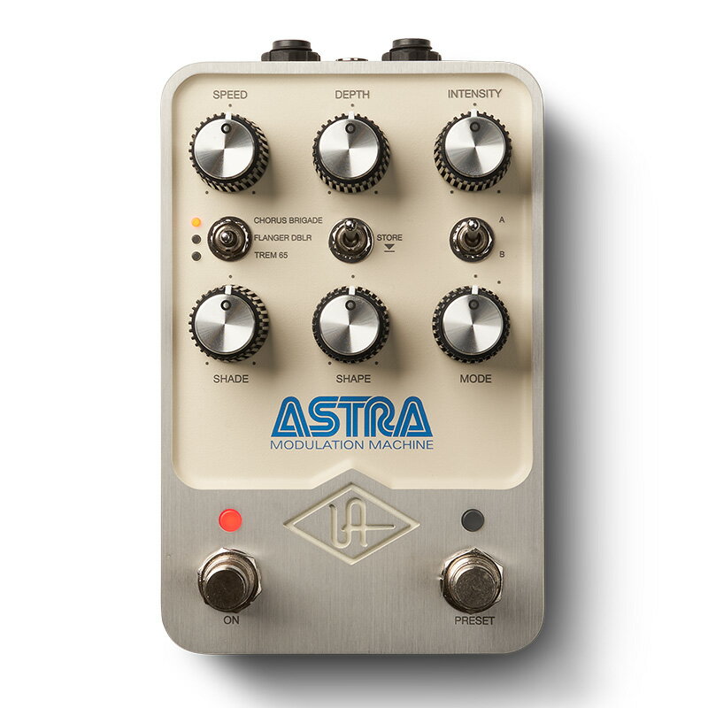 UNIVERSAL AUDIO UAFX ASTRA MODULATION MACHINE3種類の歴史的なモジュレーションアルゴリズムを搭載したステレオモジュレーションペダル　Universal Audio UAFXペダルは、UADプラグインで培った卓越したアナログモデリング技術によって実現した、3種類のクラシックなリバーブ、ディレイ、モジュレーションエフェクトをコンパクトなペダルとして実現したストンプボックスシリーズです。　パワフルなデュアルプロセッサーによるエンジンと、Universal Audio社が誇るアナログモデリングの技術により、他のストンプボックスを遥かに凌駕する「本物のサウンド」を提供します。特徴　パワフルなデュアルプロセッサーによるUAFXエンジンを搭載した、フラグシップなモジュレーションエフェクトペダルです。コーラス、フランジャー、トレモロと代表的なビンテージエフェクトのアルゴリズムを搭載しています。Chorus Brigade　クラシックな1970年代のBBD方式による、日本製コーラス/ビブラートエフェクトペダルを完璧にモデリングしました。Flanger/DBLR　かつてスタジオで多く使われた、ラックタイプのフランジャー/ダブラーエフェクトです。Trem 65　1960年代中盤に登場したブラックフェイスのチューブギターアンプに搭載されていた、オプチカルチューブトレモロを再現しています。主な仕様・フラグシップな妥協なきエフェクトクォリティー・1つのペダルに3つのビンテージエフェクトアルゴリズムを搭載・ステレオ/デュアルモノ オペレーション・ダウンロードによって新たなアルゴリズムの追加可能・クラシックな外観デザインとUniversal Audio社が誇る生産品質・トゥルーバイパス・ソフトウェアによってバッファードバイパスにも対応*・ドライ信号のアナログスルー・ストア済みの設定をプリセットモードでリコール*トゥルー/バッファードバイパスの設定は、UAFXコントロールソフトウェア(2021年春にリリース予定)を介して利用可能です。入力端子:1/4インチTSフォーン×2(Input 2はステレオ接続用)出力端子:1/4インチTSフォーン×2(Output 2はステレオ接続用)USB端子:Type-C(コンピューター経由によるアップデート用)電源:外部ACアダプター(アイソレートタイプ9VDC/センターマイナス/400mA以上) ※ACアダプターは別売です。サイズ:高さ:6.5cm×幅:9.2cm奥行き:14.1cm重さ:0.567kg関連タグ：ユニバーサル オーディオ ユーエーエフエックス アストラ モジュレーションマシン仕様詳細・対応動作要件は、本製品メーカーサイト情報をご参照の上、お買い求めください。