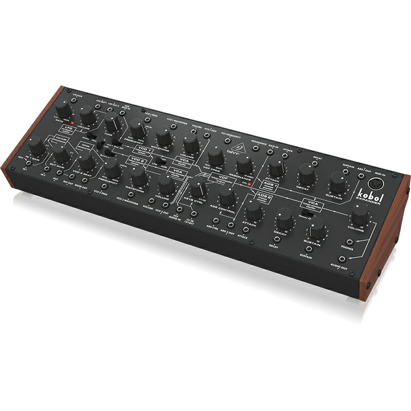 Behringer KOBOL EXPANDER種類のモーフィング波形を備えた2つのVCOとユニークな”KOBOL”VCFを搭載したユーロラック対応アナログセミモジュラーシンセサイザー　ベリンガー 「KOBOL EXPANDER」 は、70年代のオリジナル回路を忠実に再現し、7つのモーフィング波形を搭載した2つのVCOやユニークな“KOBOL” VCFなどの機能を備えたアナログセミモジュラーシンセサイザーです。 　フルアナログ設計のVCO/VCF/VCAと、独特な4ポールフィルターによりKOBOL EXPANDER以外では得ることのできないサウンドを構築できます。 　また、32のパッチングポイントを搭載し、ユーロラック規格にも対応しているため、他のモジュラーシンセサイザーと組み合わせて使用することもできます。 　セミモジュラー設計のため、パッチングなどを行わなくてもパフォーマンスが可能です。 特徴・70年代のオリジナル’KOBOL EXPANDER’シンセサイザーの回路を忠実に再現したアナログセミモジュラーシンセサイザー・7つのモーフィング波形を搭載した2つのVCO・パッチングなしでパフォーマンスが可能なセミモジュラー設計・アナログ設計のVCO/VCF/VCA・VCOに7つの波形とOSC SYNC、PWMを搭載・KOBOLシンセサイザーの特徴でもある自然なサチュレーションを提供する独特な4ポールVCFデザイン・選択可能な2つの波形と、複数のディスティネーションを備えたアナログLFO・表現の幅を大幅に広げるノイズジェネレータ・他のモジュラーシンセサイザーを接続可能な32のパッチポイント・外部オーディオ入力・最大で16ポリチェインが可能・ユーロラックに対応仕様●アナログセミモジュラーシンセサイザーシンセサイザーアーキテクチャボイス数:1(モノフォニック)VCO:2タイプ:アナログLFO:1VCF:1 x ローパスフィルター(24dB/oct)ENV:2コネクティビティMIDI:5 DIN MIDI(IN/THRU)USB:USB2.0 Type B(USB MIDI)ヘッドフォン:3.5mm TRSステレオOUTPUT:1/4’ TS アンバランスUSBタイプ:USBクラスコンプライアント USB 2.0 Type B電源アダプター仕様:12VDC 1000mA センタープラス(付属)サイズ/重さサイズ:94 x 424 x 135 mm(H x W x D)重さ:1.65Kgユーロラック:80HP※本ページに記載されている各製品名は、各社が所有する商標であり、MUSIC Tribe社および株式会社エレクトリとの関連や協力関係を示唆するものではありません。これらの製品名称はサウンドモデルの開発中に参考にした特定の製品名を明らかにすることを唯一の目的としています。関連タグ：ベリンガー アナログセミモジュラーシンセサイザー仕様詳細・対応動作要件は、本製品メーカーサイト情報をご参照の上、お買い求めください。