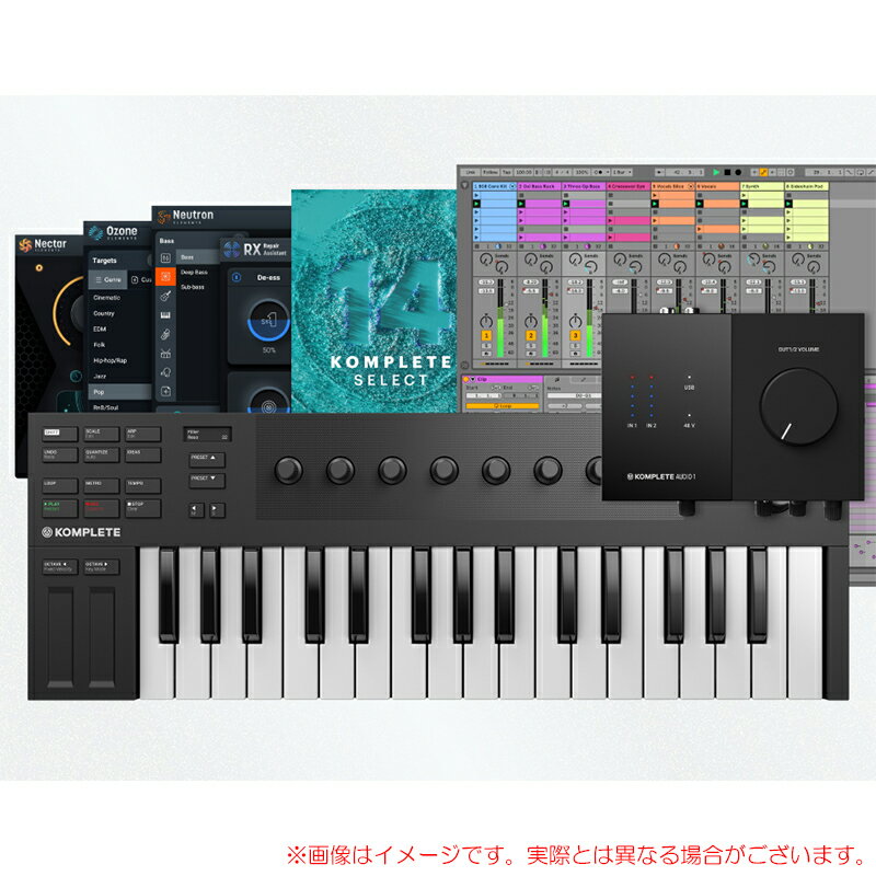 Native Instruments はじめての曲作り 3点セット映画「バジーノイズ」の公開を記念した超お買い得な入門セット　PCとヘッドフォンさえあれば、すぐに音楽制作を開始できる音源ソフトやオーディオインターフェース、鍵盤MIDIコントローラーがセットになったバンドルです。　本セットにはKomplete Kontrol M32(鍵盤)とKomplete Audio 1(I/F)とKomplete 14 Select(音源ソフト)の3点が同梱されており、通常単品価格の半額でお求めいただける期間限定販売です。セット内・Komplete Kontrol M32(鍵盤)・Komplete Audio 1(オーディオ・インターフェース)・Komplete 14 Select(音源ソフト)バンドルには下記のソフトウェア等も同梱されています。・DAW：ABLETON LIVE 11 LITE・iZotope Ozone Elements (A.I.マスタリング・アシスタント)・iZotope Neutron Elements (A.I.ミキシング・アシスタント)・iZotope Nectar Elements (A.I.ボーカルアシスタント)・iZotope RX Elements (ノイズ除去アシスタント)※詳細は各製品ページをご参照ください。関連タグ：NI ネイティブインストゥルメンツ 鍵盤 キーボード オーディオインターフェース コンプリート仕様詳細・対応動作要件は、本製品メーカーサイト情報をご参照の上、お買い求めください。