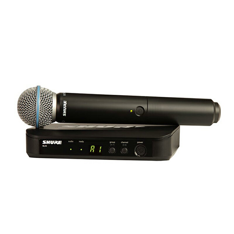 SHURE BLX24/B58ハンドヘルド型ワイヤレスシステムBLX シングルチャンネルハンドヘルド型システム - ボーカル　BLXワイヤレスシステムは簡単な操作で手軽にプロ品質のサウンドを実現します。ボーカルのパフォーマンスに最適なBETA 58AボーカルマイクロホンとBLX4受信機がセットになっています。 同梱品:　BLX4シングルチャンネルワイヤレス受信機×1　BLX2ハンドヘルド型送信機(BETA 58Aマイクヘッド)×1　キャリングケース×1　WA371 マイクホルダー×1　PS24J ACアダプター×1概要　BLXワイヤレスシステムは簡単な操作で手軽にプロ品質のサウンドを実現します。リードボーカルとバックボーカルのパフォーマンスに最適なBETA 58Aボーカルマイクロホン付き。BLXワイヤレスシステム・気軽に運用できるシンプルな操作性。・特許取得の音声圧縮技術ARCを採用。ワイヤードマイクロホンに匹敵する原音に忠実なサウンドを実現・B帯で最大6波の同時使用が可能。※最大使用可能チャンネル数は、他のワイヤレス製品などによる周波数の混信が一切ない状況で、同一シリーズのみを使用した場合に、同時使用できる最大のチャンネル数です。Shureの他のシリーズのワイヤレス製品や他社のワイヤレス製品を同時に使用すると、使用できるチャンネル数は大幅に減少する恐れがあります。電波到達距離:通常の使用時に最大60m、最良の環境下で最大90m ※見通しの良い屋外で使用した場合。使用環境によって異なる。周波数特性:50Hz〜15kHz (システム全体の帯域幅はマイクヘッドによって異なる)BLX4シングルワイヤレス受信機・ワンタッチ操作の「QuickScan」機能がベストな周波数を素早く検出。受信周波数:B帯(806〜810MHz) 26チャンネルのうちの任意の1チャンネル音声出力コネクター:XLRピン、オス(バランス)、フォーンジャック(楽器出力:アンバランス)インピーダンス:XLR:200Ω、フォーンジャック:50Ω出力レベル:XLR:-27.5dBV、フォーンジャック:-13dBV電源:DC12〜15V、160mA、付属のAC アダプター(AC100V、50/60Hz)寸法:幅178x高37.5x奥行103mm質量:204gBLX2ハンドヘルド型送信機 (BETA 58Aマイクヘッド)・2個のアルカリ電池で最大14時間の連続使用が可能。・電源スイッチのONロック機能とチャンネル設定のロック機能を搭載し、誤操作を防止。形式:ダイナミック型指向性:スーパーカーディオイド周波数特性:50Hz〜16kHz最大入力レベル:-10dBV(ゲイン調整［-10dB］時)寸法:最大径53 x 全長250mm質量:264g関連タグ：シュアー ワイアレス マイクロフォン仕様詳細・対応動作要件は、本製品メーカーサイト情報をご参照の上、お買い求めください。