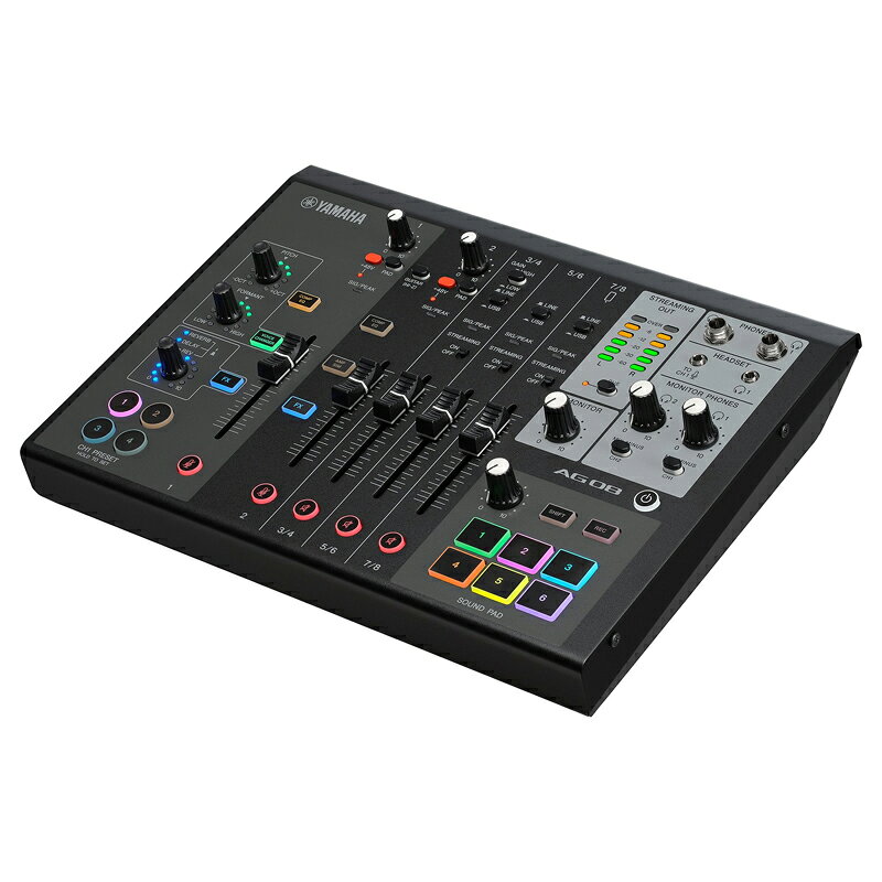 YAMAHA AG08 B柔軟な入出力とパフォーマンス機能を備えたオールインワン ライブ配信ミキサー　AG08は、ヤマハAGシリーズラインナップのフラッグシップモデルとして、ライブ配信における基本性能に加え、多彩な新機能を搭載したオールインワンのライブストリーミングミキサーです。　より柔軟な入出力と本体フェーダーにアサイン可能な3系統のUSBオーディオ入出力、拡張フットスイッチ機能、クラス最高のサウンドのために改良された内部回路と追加DSPエフェクトを統合したAG08は、ライブ配信だけでなく、オフラインのオーディオコンテンツ作成もサポートすることが可能です。　トーク・ゲーム配信、ASMR、ボーカル/楽器演奏から、複数人でのライブ配信など、AG08のリアルタイム機能性は、オーディエンスの心をさらにかき立てることでしょう。特徴・2本のコンデンサーマイクを同時使用可能。・+48Vファンタムパワー(CH1-2)・4つのCH1専用 エフェクトプリセットボタン、エレキギター用Hi-Z入力(CH2)・3系統のステレオ入力(フェーダー搭載)、入力ソースはLINE/USBの切替可能・CH7/8に4極ミニ入出力(TRRS)装備によるスマートフォンのアナログ入出力に対応・MONITOR出力(XLR＋TRS)、MIX出力(TRS)・6つのサウンドパッドによるオーディオサンプル再生・AGシリーズ最高の音質を実現・24bit 48kHzマルチチャンネルオーディオ録音・再生(ASIOとWDMの共存)・ライブストリーミングに最適な柔軟な入出力端子・DSPエフェクト:ボイスチェンジャー(CH1)、アンプシミュレーター(CH2)、コンプ、EQ、リバーブ、ディレイ、ダッカー、マキシマイザー(STREAMING OUT)・AG08 Controller (Windows/Mac/iOS)・各入力に60mmフェーダーとミュートボタンを装備・フットスイッチ機能による多彩なシステムコントロールが可能・Windows/Mac:USB-C接続対応・iOS:外部電源供給のためAppleカメラアダプターの使用を推奨・Android:4極ミニ入出力端子(TRRS)接続により対応・USB-C電源入力(5V DC、1.5A)、12V DC端子 電源入力(電源アダプターPA-150B同梱)・Cubase Al、WaveLab Cast、Cubasis LE利用可能仕様カラー:ブラック入力チャンネルモノラル(MIC/LINE):　CH1:コンボ(Mic、+48Vファンタム電源/Line)、3.5mmステレオミニ(ヘッドセットマイク、プラグインパワー)　※CH1入力とヘッドセットマイクは同時に使用不可　CH2:コンボ(Mic、+48Vファンタム電源/Guitar(HI-Z)/Line) ステレオ(LINE):　CH3/4フォーン端子　CH5/6 RCAピン端子/3.5mmステレオミニ　CH7/8 4極ステレオミニ入出力(スマートフォン)TRRSUSB:　4ステレオ音声チャンネル(CH3/4、CH5/6、CH7/8、FROM DAW)　※Windows表記　「LINE/USB」切替スイッチによりAG08本体フェーダー(CH3/4、5/6、7/8)へのアサイン可能(FROM DAWを除く)出力チャンネルPHONES:2系統(PHONES1:6.3mmステレオヘッドホン、3.5mmステレオミニヘッドセット、、PHONES2:6.3mmステレオヘッドホン)スマートフォン:4極ステレオミニ入出力(TRRS)CH7/8MONITOR OUT(L/R):XLR-3-32、フォーン端子(TRS)　※「MONITOR」ノブで音量調整可MIX OUT(L/R):フォーン端子(TRS)USB:音声チャンネル(Streaming、Voice、AUX)およびTO DAW(ダイレクトアウト含む)※Windows環境ではASIOチャンネルとUSB 2.0が独立して存在します。詳しくはブロックダイアグラムを参照ください。機能・MUTEボタン(CH1-CH7/8)・CH1 FX PRESETボタン×4・SOUND PADx 6(専用レベルノブ搭載)、+48 Vファンタム電源(CH1、CH2)・GUITAR(HI-Z) x 1、(CH2)・LINE/USB切替スイッチ(CH3/4、CH5/6、CH7/8)・STREAMING ON/OFFスイッチ(CH3/4、CH5/6、CH7/8)・CUEスイッチ・MIX MINUS(CH1、CH2)シグナルプロセッサーDSP:　ボイスチェンジャー(CH1)　アンプシミュレーター(CH2)　COMP、EQ(CH1、CH2)　REVERB・DELAY(CH1、CH2)　DUCKER　MAXIMAIZER(STREAMING OUT)※各詳細設定はAG08 Controllerにて設定USBUSBオーディオ:　8IN/14OUT、USB Audio Class 2.0準拠　サンプリング周波数:最大48kHz、量子化ビット数:24-bit電源:　DC 12V、1.5A(電源アダプターPA-150B同梱) 　またはUSB Type-C 5V、1.5A消費電力:最大7.5W寸法:幅 290mm×高さ88mm×奥行き222mm質量:2.2kg同梱品:電源アダプターPA-150B、 USB2.0ケーブル(1.5m・Type C-Type C)、クイックガイド、セーフティガイド、Wavelab Cast Download Information、Cubase AI Download Information関連タグ：ヤマハ ライブストリーミングミキサー仕様詳細・対応動作要件は、本製品メーカーサイト情報をご参照の上、お買い求めください。