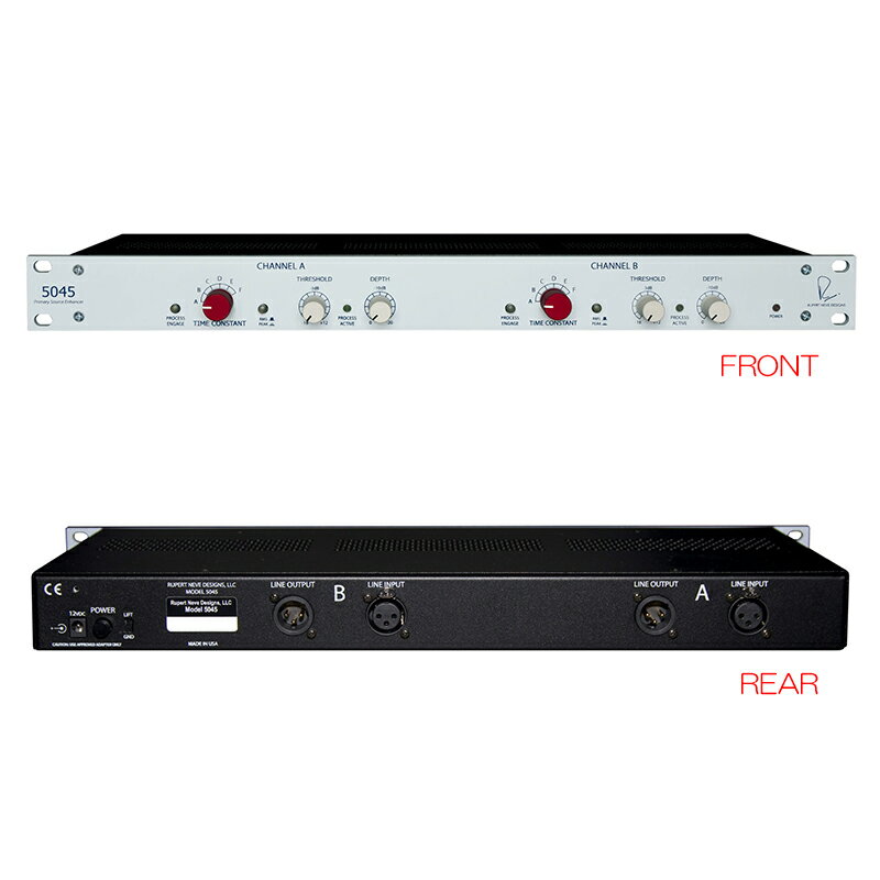 Rupert Neve Designs 5045 Primary Source Enhancer世界で最も自然なフィードバック・リダクション　5045 プライマリー・ソース・エンハンサーは、ソースの音質に悪影響を与えることなくフィードバックを抑えながら、ライブマイクの信号レベルを事実上最大20dB稼ぐことができます。コントロールは非常にシンプルで、調整も最小限で済むため、教会、スタジアム、ホールなど、フィードバックが問題となりうるあらゆる場所で絶大な効果を発揮します。すべてがアナログ設計　5045 は従来のノイズゲートといくつかの特徴を共有してはいますが、動作原理は異なります。共通する側面のひとつは、入力信号がない時にゲインを低減させるところです。具体的には、ユーザーが設定した任意のスレッショルド値を信号レベルが下回るとアッテネートが始まります。5045 がマイクへの歌声や話声を感知すれば信号が通り、入力がなくなったと感知した場合には適切にゲインを下げ、フィードバックに繋がる要素を抑えてくれるのです。　ここで、5045 がフィルタリングやデジタル・プロセッシングを利用してそのような恩恵に達しているのではないという点を覚えておいて下さい。Rupert Neve Designsによるカスタム入出力トランスの周囲に構築されたオールアナログ回路は、素材の完全性を損なうことなく、優れたコントロールと音響特性を提供します。他に類を見ない 5045 の直感的かつ自然なサウンドが、フィードバック・リダクションのための極めて有効なソリューションのひとつとなるでしょう。シンプルで直感的な操作　5045 の魅力はその使いやすさにもあります。コントロールは最小限のノブやスイッチにまとめられており、たとえ経験豊富なエンジニアがいない状況であっても操作に不安を覚えることはありません。パフォーマンスの最中でも瞬時に調整を行うことが可能です。　5045 は、フィードバックや残響が問題となるあらゆるセットアップに欠かせない存在であり、世界中の大規模なステージで今日も使用されています。特長Process Engage - プロセス・エンゲージ　プライマリー・ソース・エンハンサーの効果をオン/オフするための点灯式プッシュボタンです。Time Constant - タイム・コンスタント　単語の間や文脈内の静かなシーンでレベルをアッテネートさせる速度を設定することで、特定の状況では音の途切れを防ぎ、別の状況ではフィードバックを抑制するような設計となっています。「A」が最も速く、「F」が最も遅い設定です。「A」は素早いアッテネーションを得られるため、ハウリングがひどい状況下で有効です。「F」はゆっくりとフェードダウンする点では最も安全ですが、フェードアップが少し遅くなる可能性もあり、厄介なフィードバックを抑えるには不十分な場合があります。「C」と「D」は多くの状況に適した中程度の設定で、一般的に単語の終わりに影響を与えない程度にゆっくりとフェードダウンしつつ、フィードバックを制御するのに十分な速さを備えます。フレーズの頭や末尾を弱めず、かつフィードバックやブーミーな響きを抑える、最適な設定をお試しください。RMS / PEAK　検出モードを切り替えるための点灯式プッシュボタンです。点灯時は PEAK モード(速いトランジェントによるピークの検出やエンベロープをクリエイティブに活用する場合に有用)に、消灯時は RMS モード(サイドチェインでより緩やかで平均化されたレスポンス)になります。Threshold - スレッショルド　プライマリー・ソース・エンハンサーが影響を及ぼし始める dBu レベルを設定します。Process Active - プロセス・アクティブ　このLEDは、5045 が信号に影響を与えている状態(入力信号がエンハンスメント・スレッショルドを超えた状態)を示します。メインとして欲しいソース(例えば歌声)が通過する際に点灯するものであるため、5045 のセットアップにあたり非常に有用なものとなります。Depth - デプス　このノブの調整によって、入力信号がスレッショルド値を下回った後にどれくらいアッテネーションされるかをここで決めます。「0」では何も起きません。「-10dB」は中程度のアッテネーションで、誤って単語の一部または全部が途切れてしまうことはほとんどないでしょう。「-20dB」はアッテネーションが大きくなり、場合によって音が途切れる可能性があります。聴感上とフィードバック・リダクションの間で、程よいバランスを見つけ出しましょう。仕様最大入出力レベル:+25 dBuTHD+N(全高調波歪み率):　1 kHz、+20 dBu 出力レベル、負荷なし　0.002% 以下ノイズ:　un-weighted、22 Hz〜22 kHz、50 Ω バランスソース　・-95 dBu 以下 @プライマリー・ソース・エンハンサー・オン時　・-100 dBu 以下 @プライマリー・ソース・エンハンサー・バイパス時周波数特性:　150 kHz:-3 dB　20 Hz:-3 dBスレッショルド:　-20 dBu to +10 dBu(連続可変)デプス:　0 dB 〜 -20 dB(連続可変)タイムコンスタント:　RMS モード:　アタックとリリース　モード A:50 mS　モード B:100 mS　モード C:200 mS　モード D:750 mS　モード E:1.5 S　モード F:3 S　PEAK モード:　アタック(固定)　20 mS　リリース　モード A:20 mS　モード B:200 mS　モード C:1 S　モード D:2 S　モード E:5 S　モード F:30 S消費電源(12V DC):1アンペア外形寸法:48.3 x 15.2 x 4.5 cm重量:2.9 kg関連タグ：ルパート ニーヴ デザイン プライマリー ソース エンハンサー仕様詳細・対応動作要件は、本製品メーカーサイト情報をご参照の上、お買い求めください。