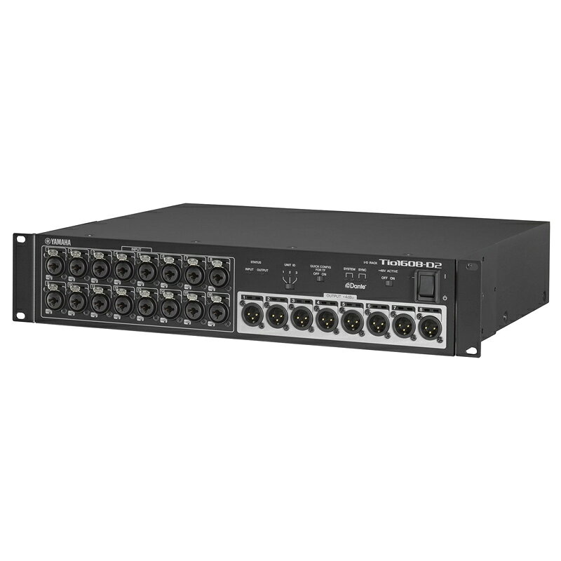 YAMAHA TIO1608-D2最大16イン/8アウトのDante対応のI/Oラック。96kHzサンプリングレートに対応。Simple、 versatile、 high-definition Dante Stagebox　Tio1608-D2は、オーディオネットワーク「Dante」に対応した16マイク/ライン入力、8ライン出力を備えたI/Oラックです。　ステージに設置したTio1608-D2とDante標準対応のDM3やDante入出力カードNY64-Dを装着したTFシリーズとの間をイーサネットケーブルで接続するだけで高音質/低レイテンシーの音声伝送が可能になります。Tio1608-D2に搭載しているHAゲインは、DM3、TFシリーズからリモートコントロールでき、シンプルなステージボックスシステムを構築することができます。また、サンプリングレート96kHzにも対応しており、RIVAGE PMシリーズやDME7などと組み合わせた大型設備におけるI/Oラックとしても最適です。Danteによる自由度の高いシステム構築　Tio1608-D2は、オーディオネットワーク規格「Dante」を採用しているため、 DM3、TF/QL/CLシリーズやI/OラックRシリーズと自由に組み合わせることができ、必要な規模や予算に応じたシステムを構築することができます。DM3、TF/QL/CLシリーズからオーディオパッチやHAコントロールができ、またPCソフトウェア「Dante Controller」によるオーディオパッチや「R Remote」によるHAコントロールも行うことができます。※Tio1608-D2のHAコントロールはPrimary回線でのみ行うことができます。DM3、TFシリーズ、またはCL/QLシリーズを使用している場合においても、リダンダント接続時にSecondary回線を用いてTio1608-D2のHAコントロールをすることはできません。特長コンソールの利便性を高めるステージボックス　Dante標準対応のデジタルミキサーDM3やDante入出力カード「NY64-D」を装着したTFシリーズと組み合わせることで、シンプルなステージボックスを構築できます。DM3は最大1台、TFシリーズは最大3台のTio1608-D2のリモートコントロールが可能です。　PA席に設置したDM3またはTFシリーズ本体と、ステージに設置したTio1608-D2との間をイーサネットケーブルで接続するだけで高音質/低レイテンシーの音声伝送が可能になるため、重くて接続が大変なマルチケーブルを持ち運ぶ必要はありません。高信頼性を誇るオーディオネットワークプロトコル「Dante」　Audinate社が開発したオーディオネットワークプロトコル「Dante」を採用し、低ジッター、低レイテンシー、高サンプル精度の高音質を実現しました。　そのためTio1608-D2は、DM3やTFシリーズ、CL、QLシリーズ、RシリーズのI/Oラックなど様々なDante対応機器と接続することができます。※Tio1608-D2とサンプリング周波数「96kHz」に対応していないデジタルミキシングコンソールCL、QL、TFシリーズなどを連携するためには「Tio1608-D Compatibility Mode」に設定する必要があります。設定が迅速かつ簡単なQUICK CONFIGモード　DM3とTFシリーズ本体との接続の際にTio1608-D2の「QUICK CONFIG」機能を使えば、ネットワーク設定や音声パッチを含めた接続設定が自動で行われるため、セットアップが簡単におこなえます。DM3の「AUTO CONFIG SETUP」機能、TFシリーズの「QUICK CONFIG」機能のON/OFF(※)を設定後、Tio1608-D2のUNIT IDを設定。DM3本体、TFシリーズは本体に装着したNY64-DとTio1608-D2をイーサネットケーブルでデイジーチェーン接続し、各Tio1608-D2の電源をONにするという簡単な手順で接続の設定が完了します。※TFシリーズで「QUICK CONFIG」を使用する場合は「QUICK CONFIG」をONに、DM3で「AUTOSETUP」を使用する場合は「AUTO SETUP」をOFFに設定してください。シンプルかつ柔軟な入力設定　DM3やTFシリーズ本体との基本的な接続の設定が完了すれば、目的に応じ簡単かつ柔軟に入力設定がおこなえます。DM3のINPUT画面やTFシリーズのPATCH画面から全てのインプットを一括でアサインでき、簡単にコンソールに音声を立ち上げることができます。また、各入力のインプットアサインを個別に行うこともでき、DM3やTFシリーズ本体へのインプットとTio1608-D2へのインプットを組み合わせながら使用することや、DAWに録音したボーカルの録音トラックを再生しながらバンドリハーサルを行うなど、柔軟な運用が可能です。リコーラブルなD-PREマイクプリアンプ　TFシリーズの開発で追及した音楽的でナチュラルなサウンドはTio1608-D2でも継承。メカニカルな構造やボードの配置、電源＆グランド、パーツの選定などを多岐にわたって念入りに検討し、また厳しい性能・リスニング テストを開発の各ステージにおいて行いフィードバックすることで「音楽的でナチュラルなサウンド」を実現しています。プリアンプ部にはTFシリーズと同じリコーラブルな「D-PRE」を搭載し、システム全体でナチュラルで音楽的なサウンドを提供します。DM3との組合せシステム例　I/Oラック「Tio1608-D2」とデジタルミキシングコンソール「DM3」のシステム例です。　Tio1608-D2は、DM3とは簡単に接続することができます。イーサネットケーブルを接続し、デバイス IDを選択するだけで、システムの準備は完了です。イーサネット経由でHAリモートコントロールが可能で、StageMixを使えば、アリーナ、ステージ、客席などからコンソールをワイヤレスでリモートコントロールすることができます。主な仕様サンプリング周波数:External:44.1kHz、 48kHz、 88.2kHz、 96kHzシグナルディレイ:Less than 1.3ms INPUT to OUTPUT、 connect with DM3、 Dante Receive Latency set to 0.25ms(one way)、 Fs=96kHz; Less than 2.6ms INPUT to OUTPUT、 connect with DM3、 Dante Receive Latency set to 0.25ms(one way)、 Fs=48kHz全高調波歪率:Less than 0.2% +4 dBu@20Hz-20kHz into 600Ω、 Gain=+66dB / Less than 0.05% +4dBU@20Hz-20kHz into 600Ω、 Gain=-6dB、 INPUT to OUTPUT、 Fs=88.2kHz、 96kHz; Less than 0.1% +4dBu@20Hz-20kHz into 600Ω、 Gain=+66dB / Less than 0.05% +4dBU@20Hz-20kHz into 600Ω、 Gain=-6dB、 INPUT to OUTPUT、 Fs=44.1kHz、 48kHz ※Measured with a -18dB/octave filter @80kHz周波数特性:+0.5、 -1.5dB 20Hz-20kHz、 refer to the nominal output level @1kHz、 INPUT to OUTPUTダイナミックレンジ:108dB、 INPUT to OUTPUT、 Gain=-6dB / 110dB、 DA Converter、 Fs 96kHz; 108dB、 INPUT to OUTPUT、 Gain=-6dB / 112dB、 DA Converter、 Fs 48kHzハム＆ノイズレベル:　入力換算ノイズ:-128dBu、 Gain=+66 dB、 Fs 96kHz、 48kHz(レベル測定にはA-Weightフィルター使用)　出力残留ノイズ:-86dBu、 Fs 96kHz / -88dBu、 Fs 48kHz、 ST main off(レベル測定にはA-Weightフィルター使用)クロストーク:-100dB、 adjacent INPUT/OUTPUT channels、 Input Gain = -6dB(測定には22kHz、 -30dB/Octのフィルターを使用)熱放散:100-240V、 50/60Hz、 43.5kcal/h電源電圧:100-240V、 50/60Hz消費電力:50W寸法:幅480mm×高さ88mm×奥行き364mm質量:5.7kg同梱品:取扱説明書、 電源コード、 ゴム脚 x4その他:動作温度範囲: 0〜40℃、 保管温度範囲: -20〜60℃※Tio1608-D2とサンプリング周波数「96kHz」に対応していないデジタルミキシングコンソールCL、QL、TFシリーズなどを連携するためには「Tio1608-D Compatibility Mode」に設定する必要があります。関連タグ：ヤマハ I/Oラック ステージボックス インターフェース仕様詳細・対応動作要件は、本製品メーカーサイト情報をご参照の上、お買い求めください。