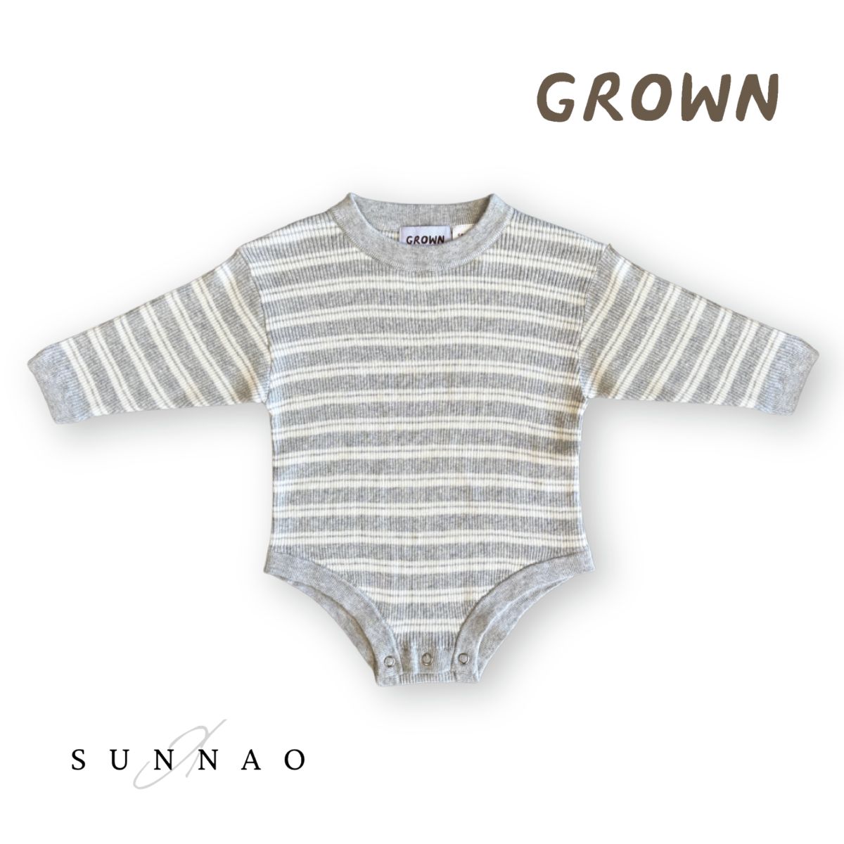 ＜GROWN＞ Ribbed Stripe Romper - Grey Marle/Milk