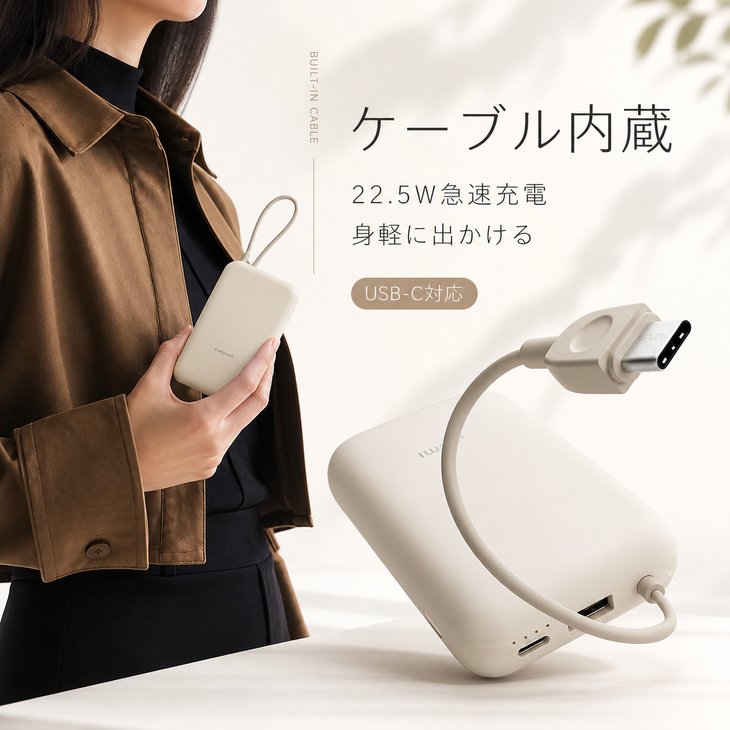 大容量モバイルバッテリー P15ZM 10000mAh 3台同時充電 ケーブル内蔵 Type-C【x015】