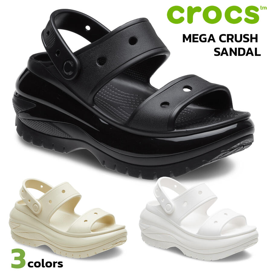 クロックス メガ クラッシュ サンダル #207989 ブラック ホワイト ボーン CROCS MEGA CRUSH SANDAL BLACK WHITE BONE 22 23 24 25 クロスライト アイコニックコンフォート チャンキーソール ユニセックス レディース 厚底 ビーチ プール