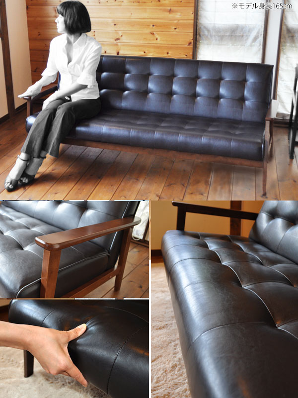 三人掛けソファ ソファー ソファ カフェ系ソファ 応接ソファ バイキャスト加工 レザー調 カフェ家具 カフェ 木肘 コンパクト レトロ アンティーク ヴィンテージ ワンルーム レトロソファ 新生活