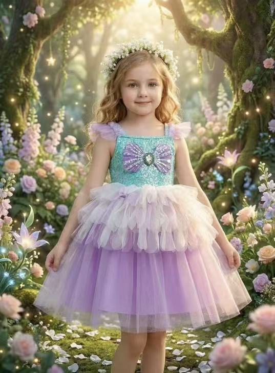子供服プリンセス アリエル風ドレス キッズ アナ雪 ワンピースお姫様 衣装 ティアラ ステッキ コスチューム ロング 女の子 童話 コスプレ 三つ編み 結婚式 舞踊会 発表会 誕生日 パーティー ギフト ハロウィン プレゼント クリスマス90-130