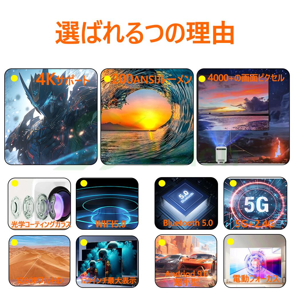 【超人気・超小型投影】プロジェクター 家庭用 ホームシアター テレビ ホームプロジェクター 軽量 本体 小型 Android 9.0 200ANSI 4K対応 高画質 高輝度 静音 5G WiFi6 高性能 自動台形補 電動フォーカス Bluetooth5.0 ホームシアター 短距離有線 無線接続