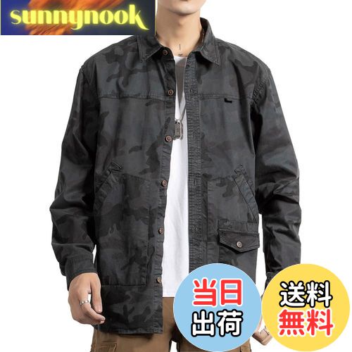 【送料無料】[netero] 迷彩 シャツ 長袖 メンズ 綿 ミリタリー カモフラージュシャツ カーゴ カジュアルシャツ アーミー ポケット付き 秋 冬 春 夏 色：ダークグレー、サイズ：L