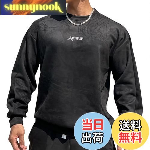 【送料無料】[Anmur] メンズ オーバーサイズ 長袖 Tシャツ ジム 筋トレ スポーツウェア トレーニングウェア ストレッチ パーカー ボディビル 春秋冬 色：ブラック、サイズ：3XL