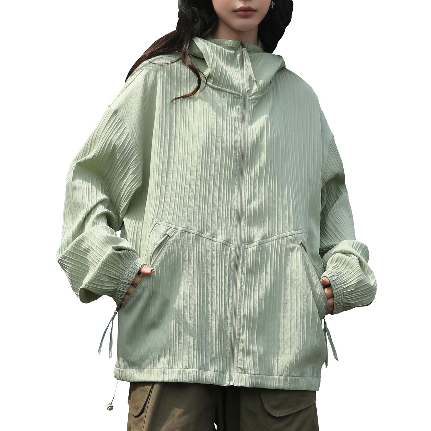 【送料無料】[netero] 夏 ジャケット フード付 冷感 ユニセックス ラッシュガード レディース 薄手 ブルゾン アイスシルク メンズ 通気性 色：グリーン、サイズ：L
