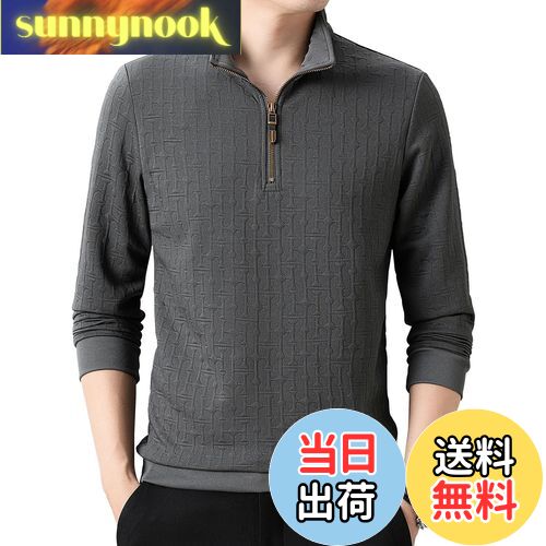 [netero] ハーフジップ Tシャツ メンズ 立ち襟 長袖 トップス ジャカート ハイネック 紳士 ビジネス 男性 秋 冬 春 色：グレー、サイズ：3XL