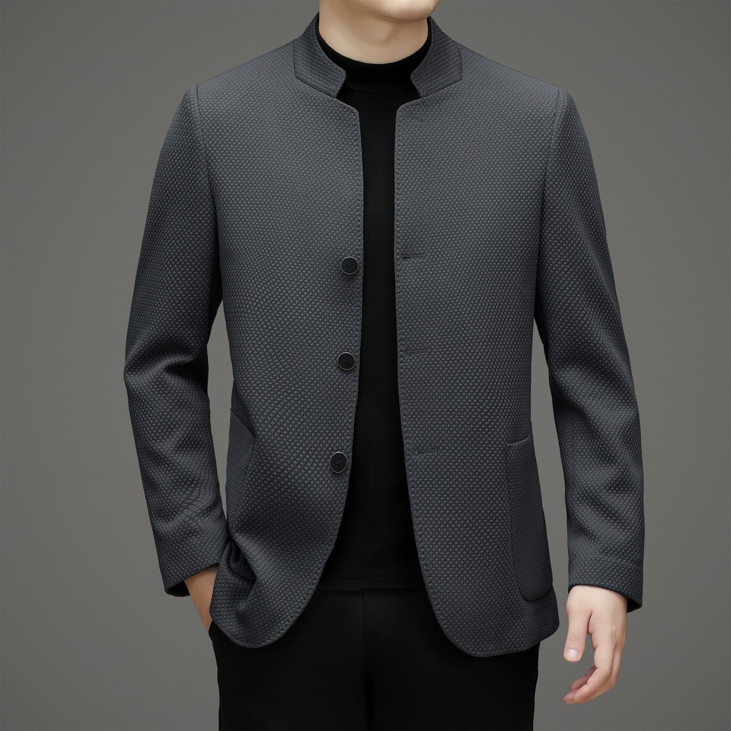 【送料無料】[netero] テーラードジャケット メンズ 立ち襟 ブレザー ビジネス ジャケット 通勤 アウター ポケット付き 秋 冬 春 色：グレー、サイズ：L 3